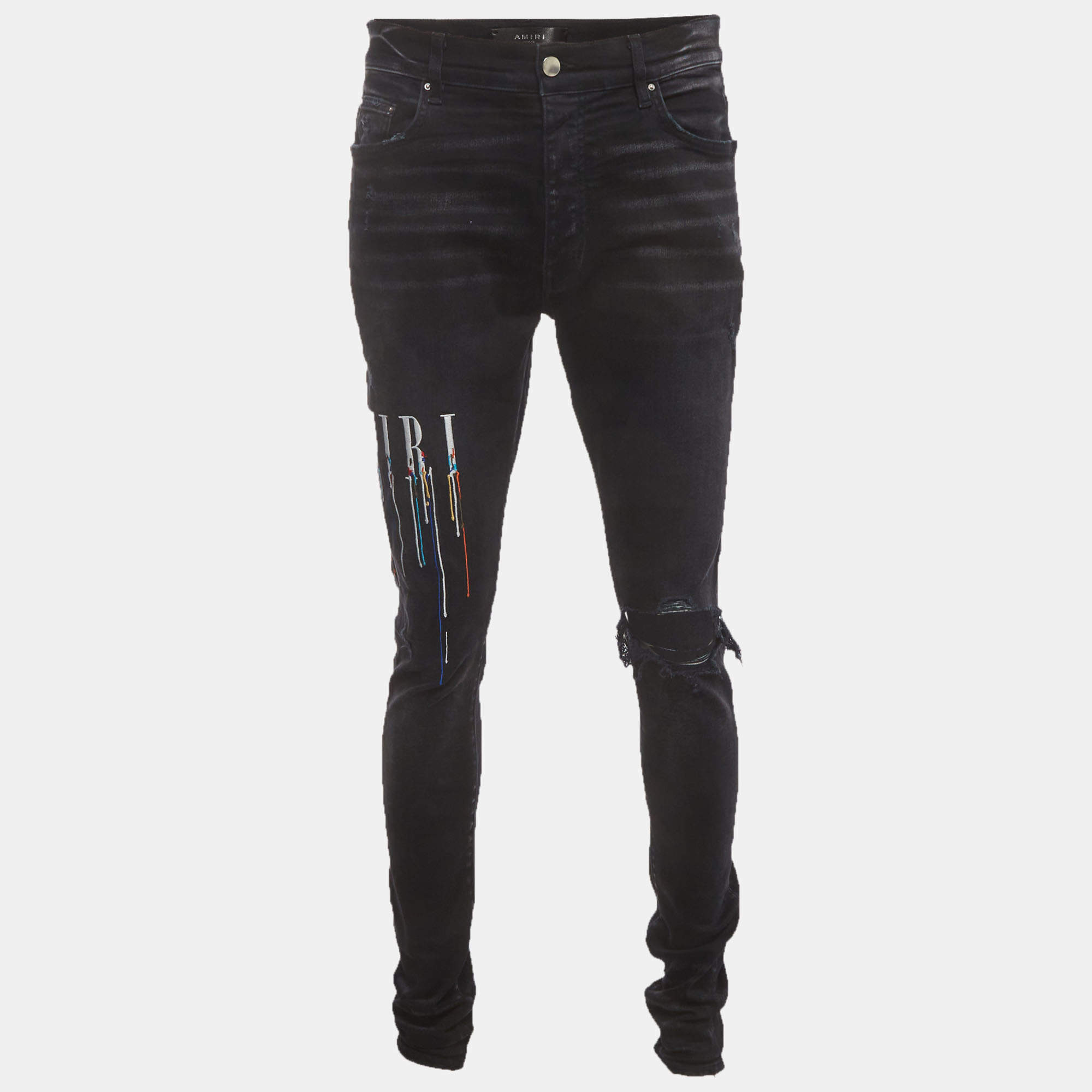 Pre Owned Amiri Black Logo Paint Drip Distressed Denim Jeans XL/Waist 34"