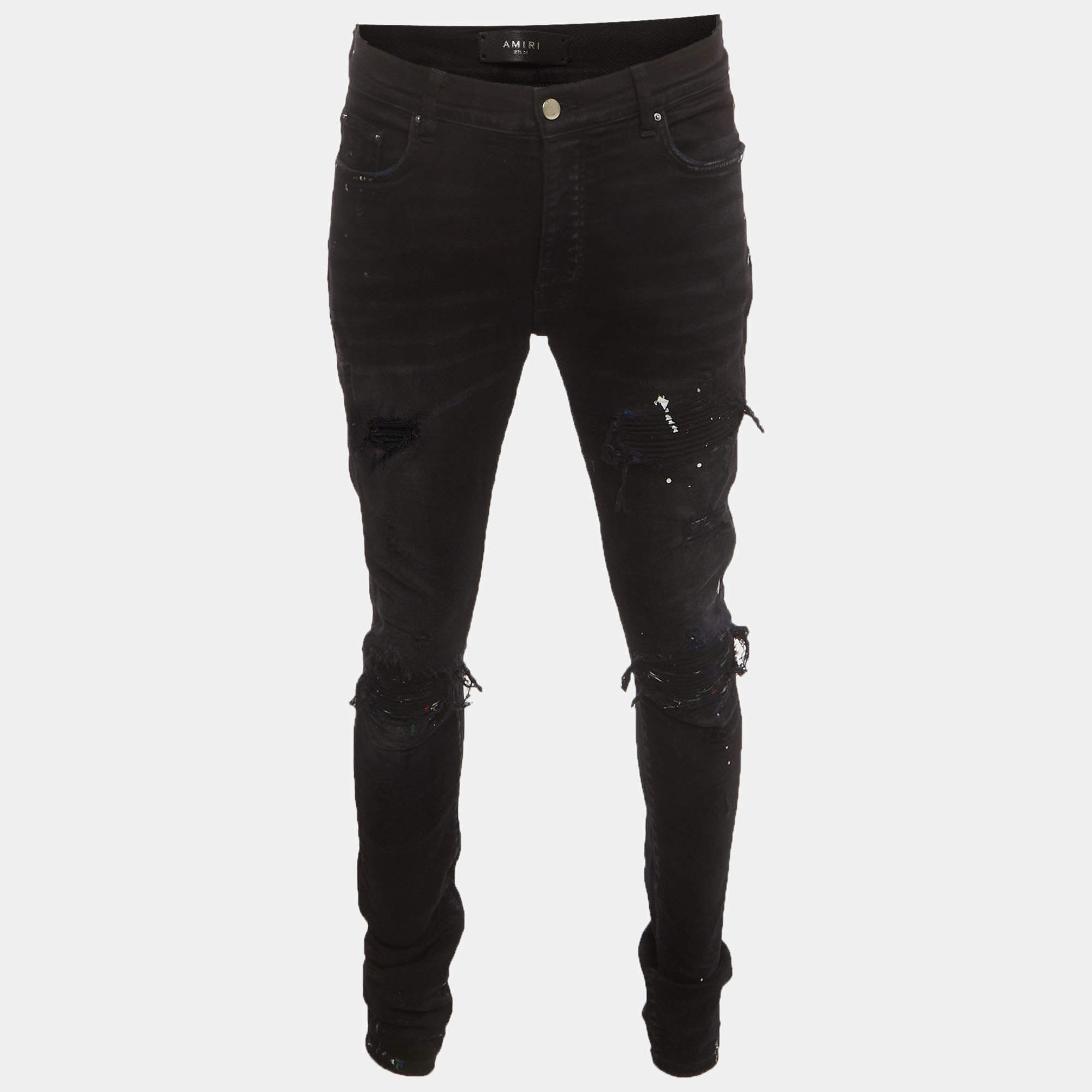 مملوكة مسبقًا Amiri Black Paint Splattered Distressed Denim MX1 Jeans XL/Waist 34"