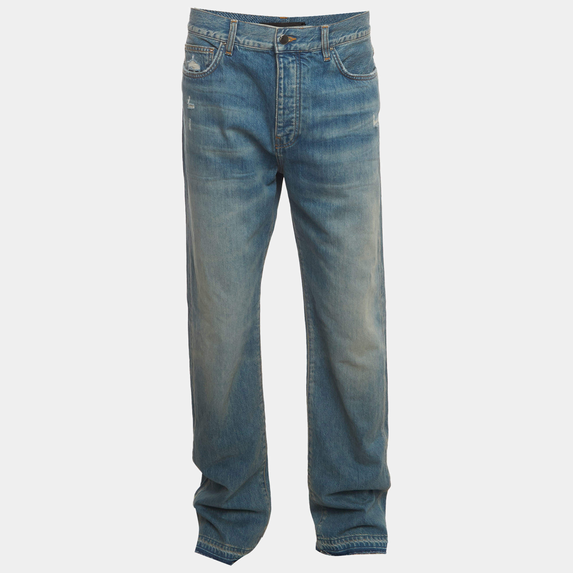 Pre Owned Amiri Blue Denim Release Hem Straight-Leg Jeans XL/Waist 36"