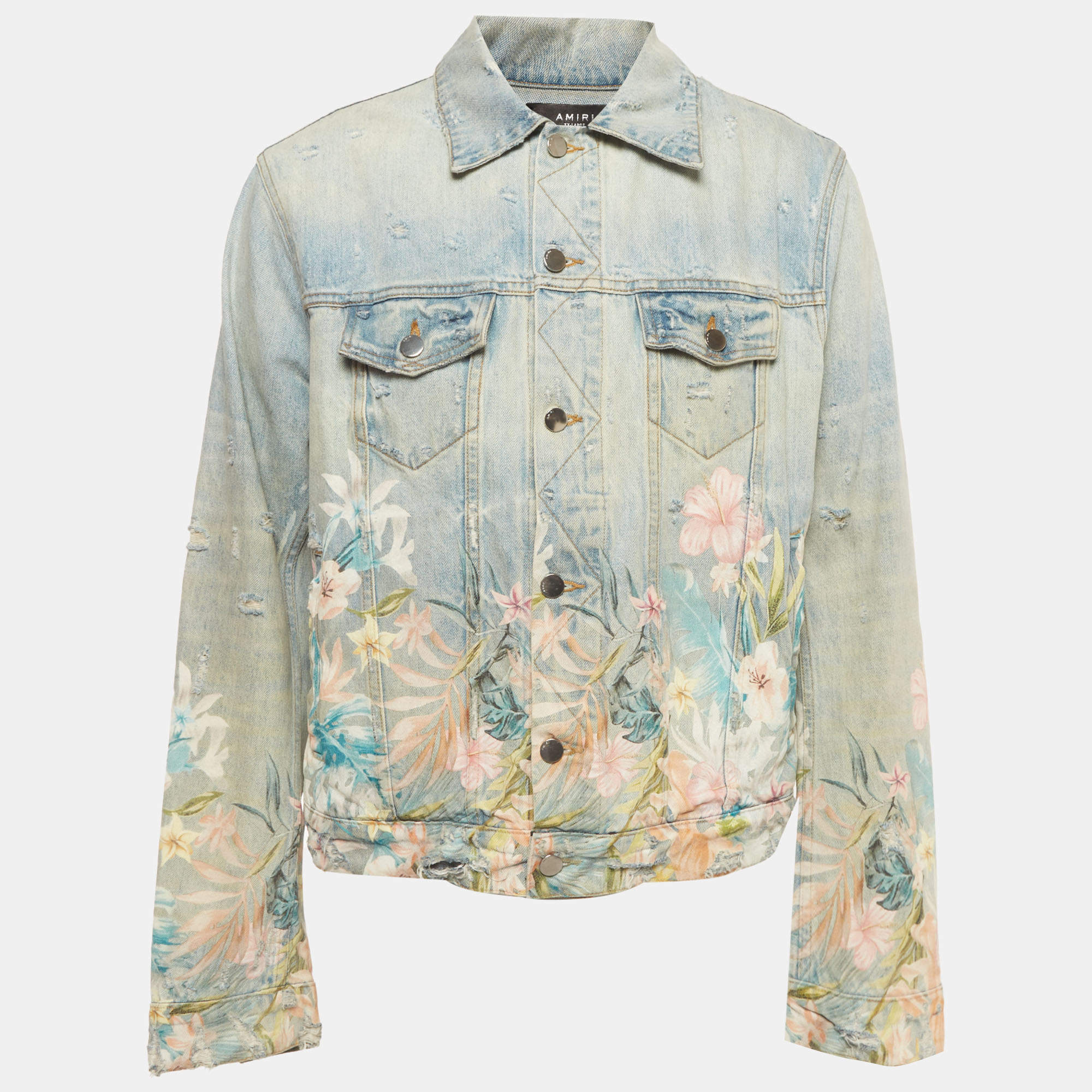 مملوكة مسبقًا Amiri Blue Floral Print Distressed Denim Jacket XXL