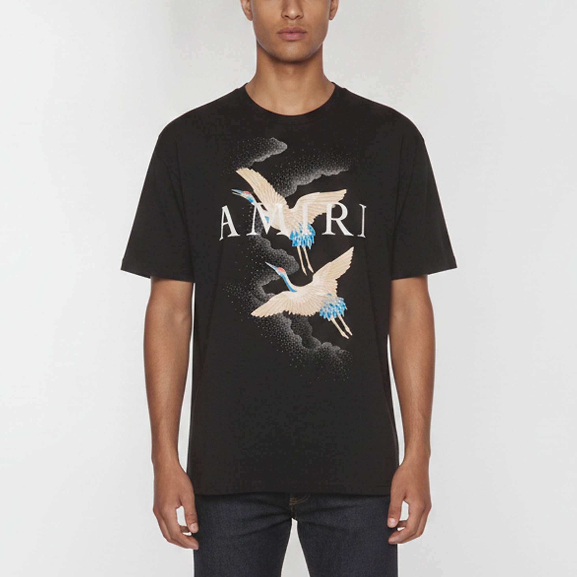 Pre Owned Amiri Black Crane And Logo Print Short Sleeve T-Shirt L 
