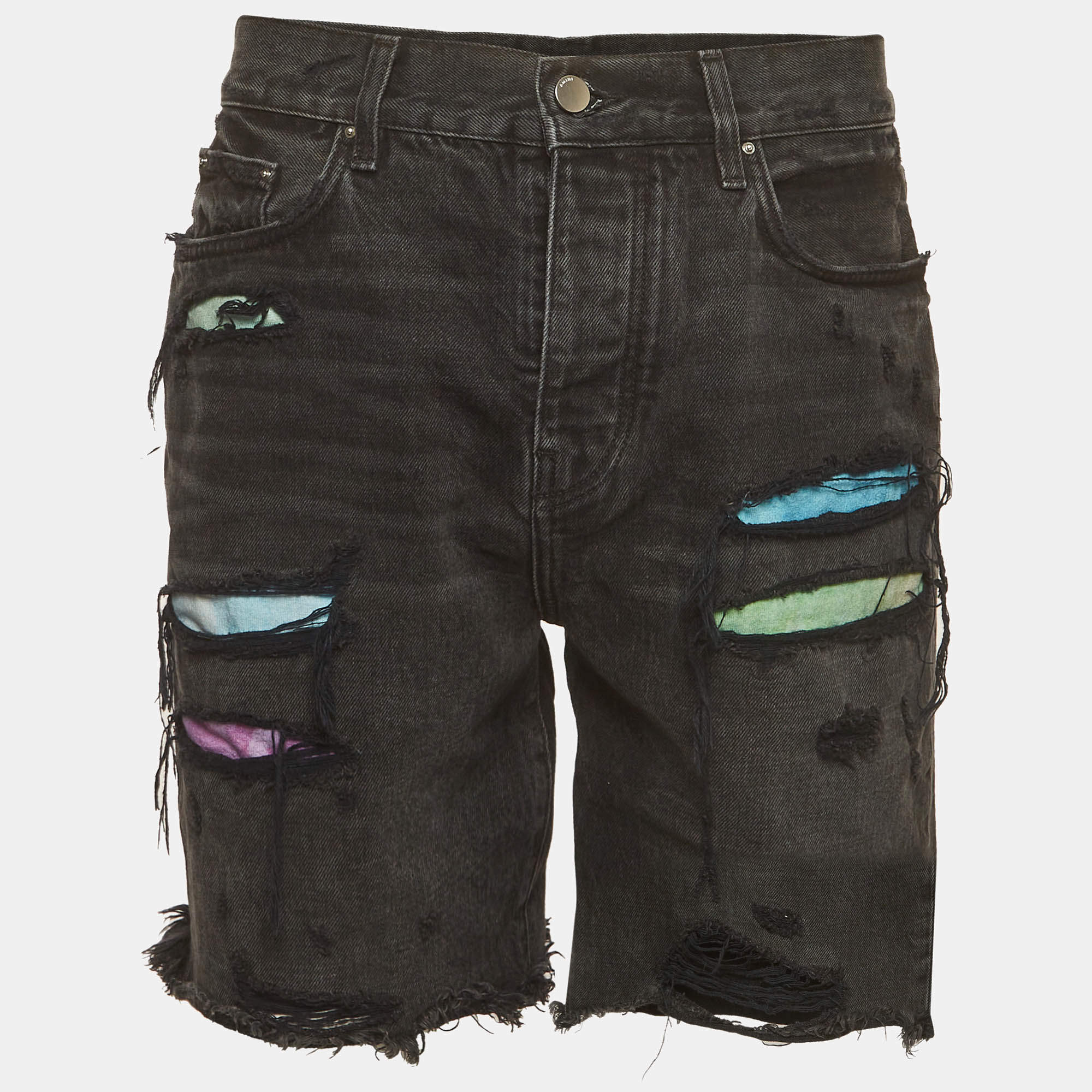 Pre Owned Amiri Black Distressed Denim Patch Trashed Shorts S
