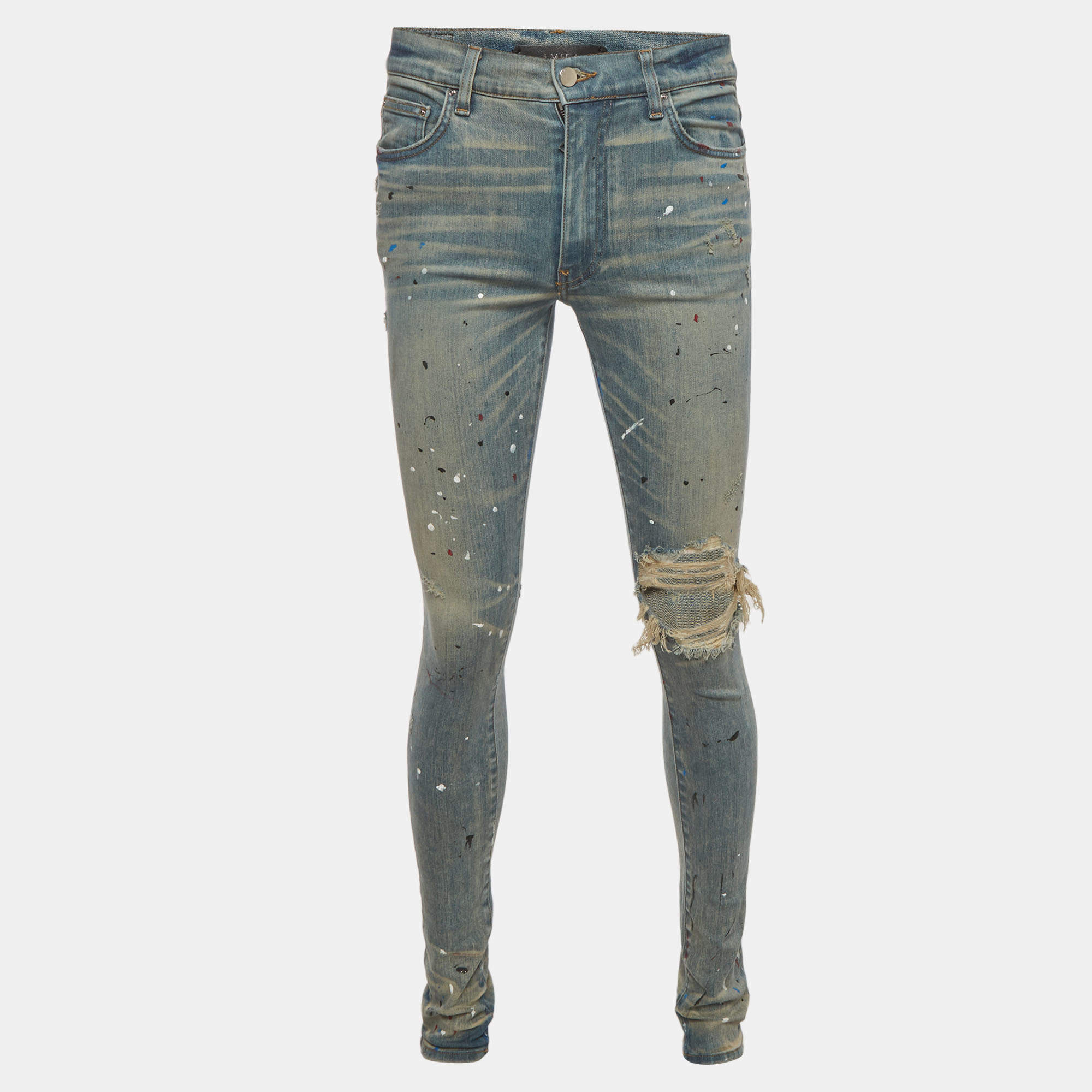 مملوكة مسبقًا Amiri Blue Paint Splattered Distressed Denim Skinny Jeans S/Waist 30"