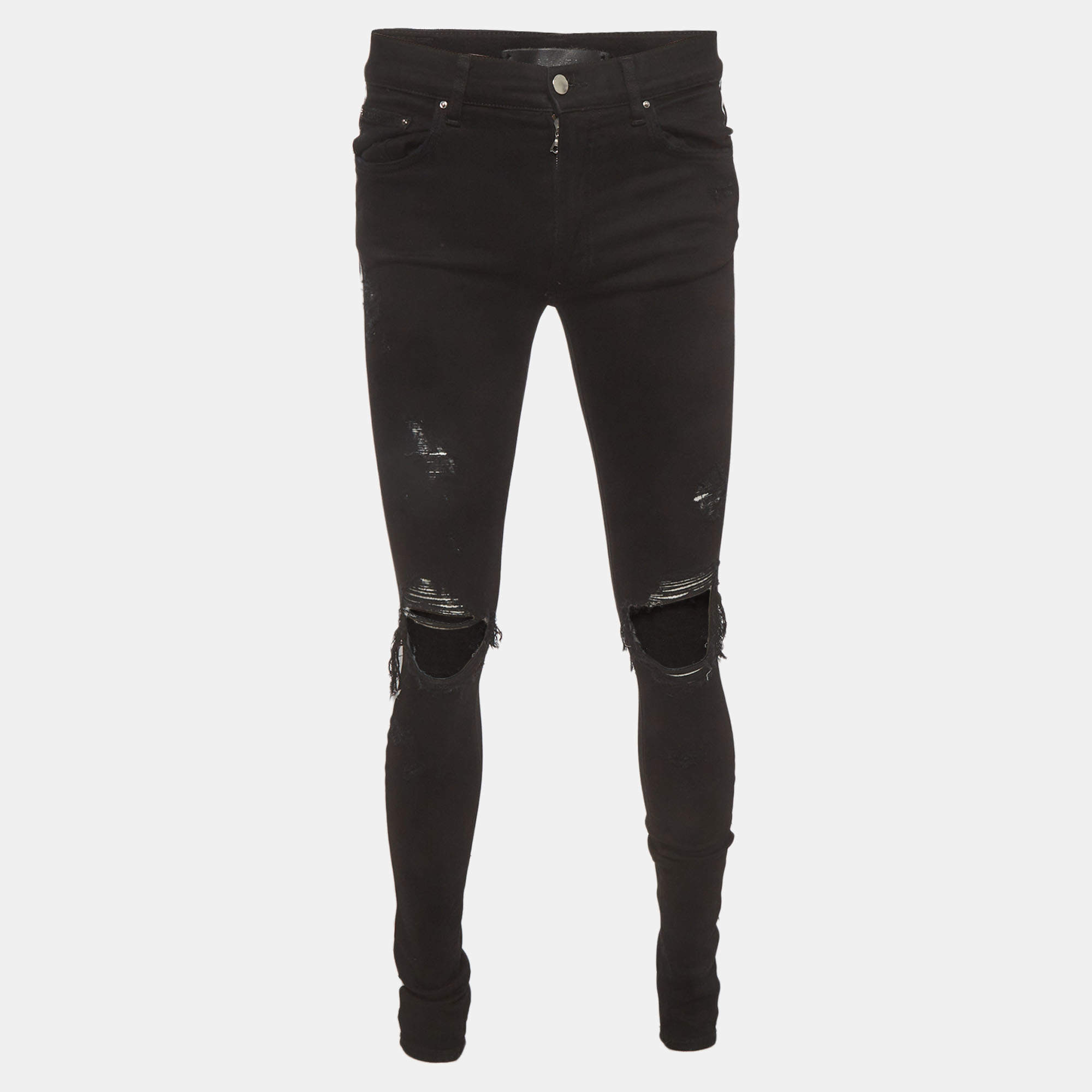 Pre Owned Amiri Black Striped Distressed Stretch Denim Skinny Jeans S/Waist 30"