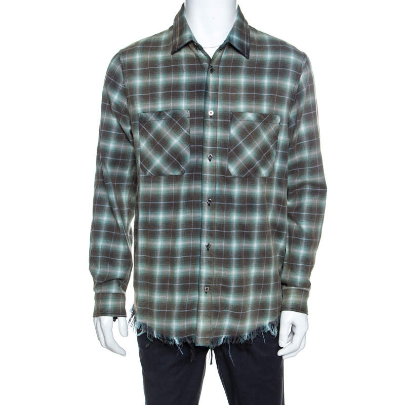 Amiri Green And Brown Faded Plaid Cotton Raw Edged Shirt L