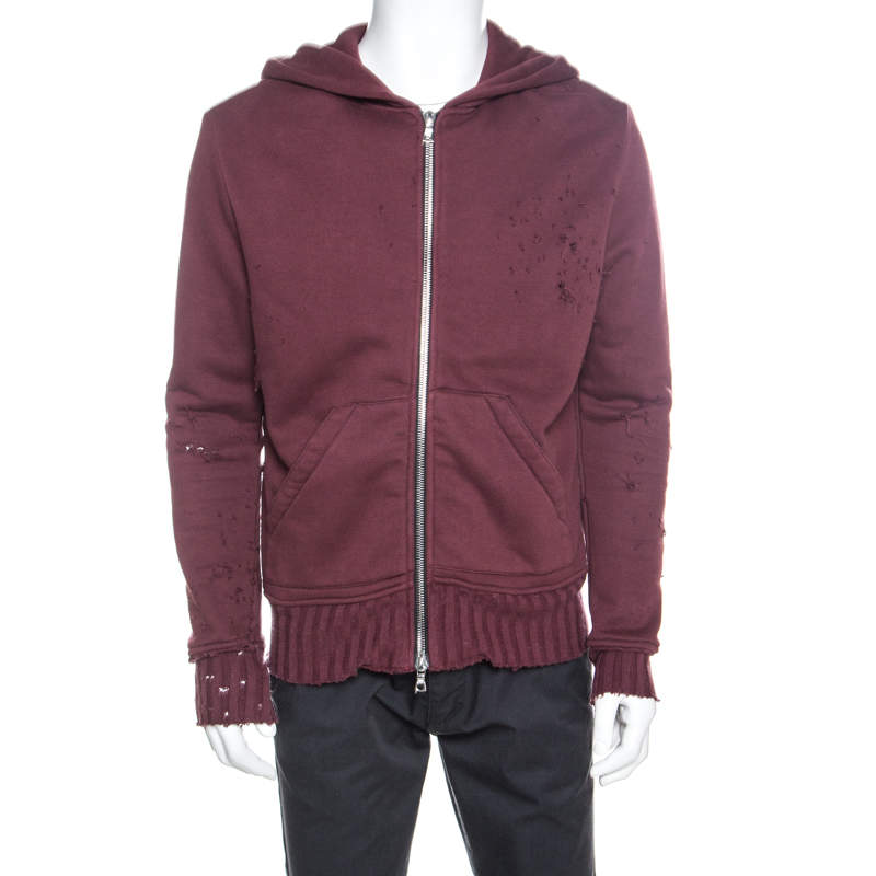 Amiri Burgundy Knit Distressed Zip Front Shotgun Hoodie S