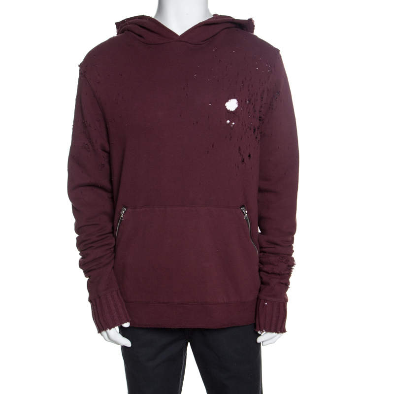 Pre Owned Amiri Burgundy Knit Distressed Shotgun Hooded Sweatshirt M