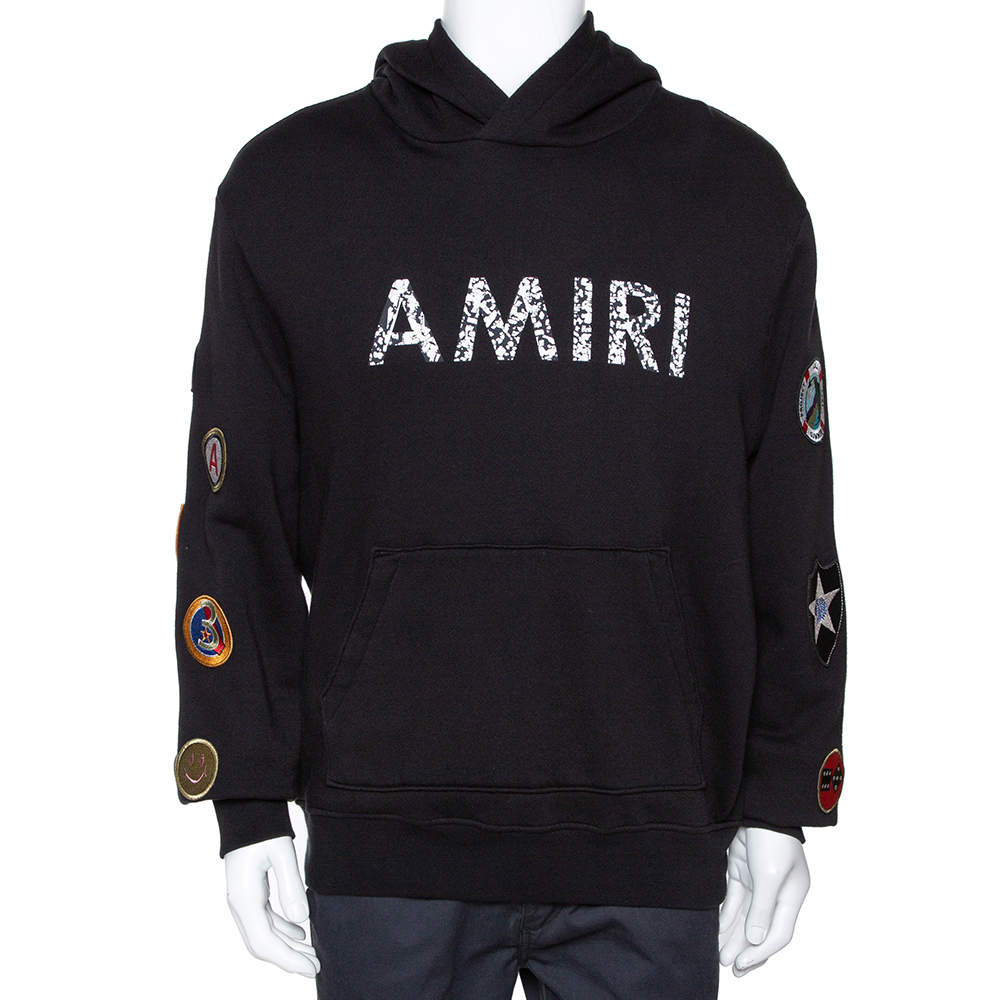 Amiri Black Logo Print Cotton Mix Patch Hooded Sweatshirt M