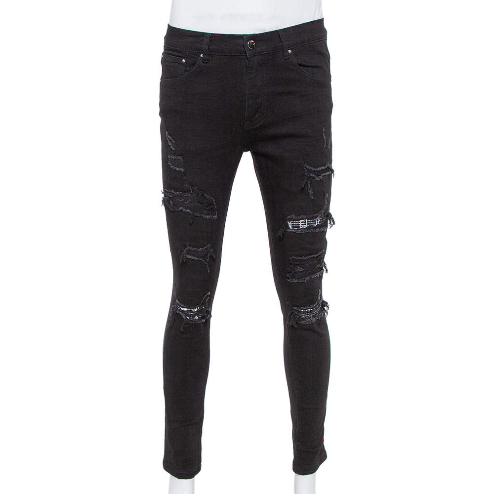 Pre Owned Amiri Black Denim Music Note patch Detail Distressed Jeans M