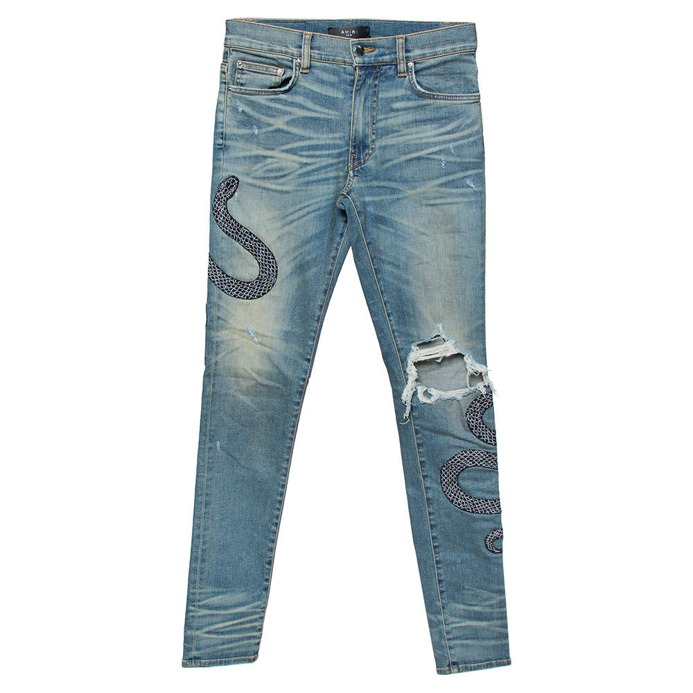 Pre Owned Amiri Blue Light Wash Denim Snake Embroidery Detail Distressed Jeans S