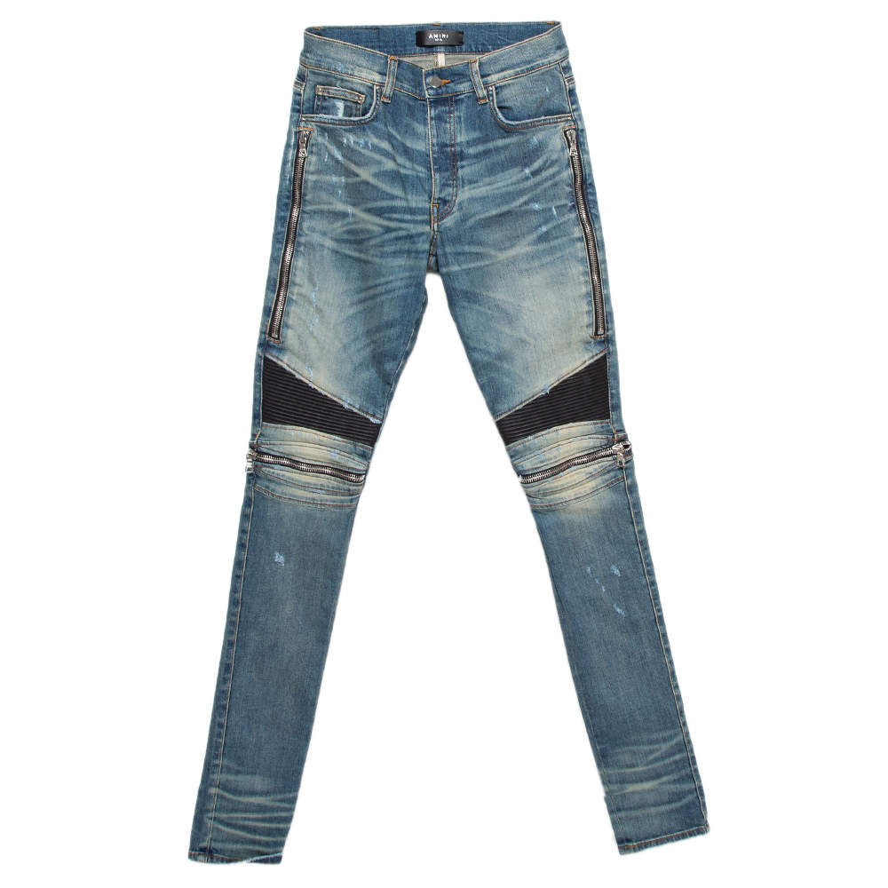 Pre Owned Amiri Blue Denim Muddy Effect Distressed Slim Fit Biker Jeans S