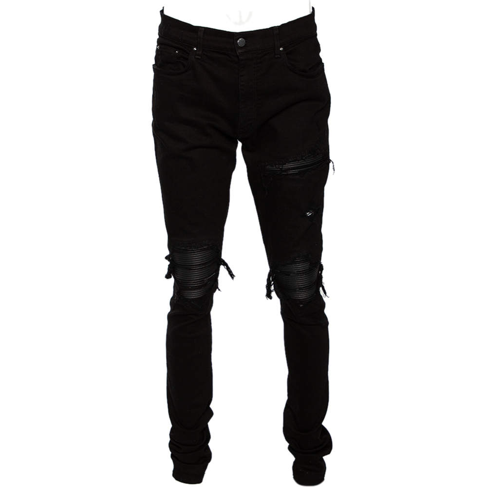 Pre Owned Amiri Black Denim & Leather Inset Slim Fit Biker Jeans XL