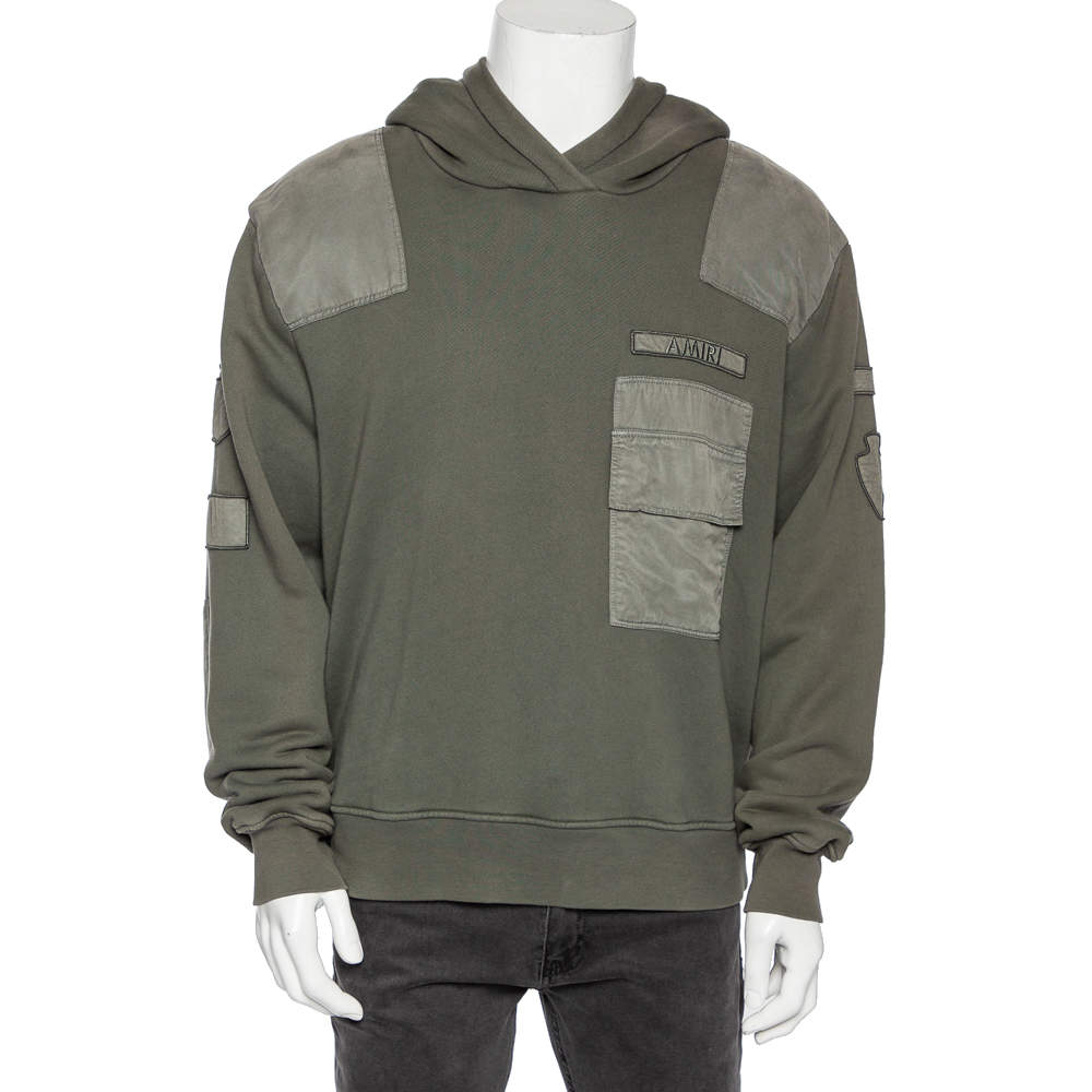 Pre Owned Amiri Military Green Cotton Knit Patched Detail Hoodie M