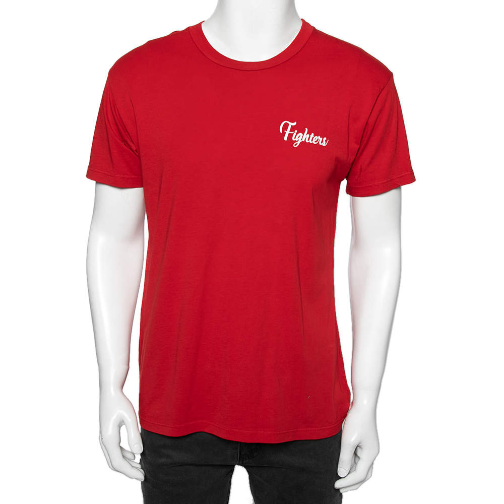 Pre Owned Amiri Red Cotton Crew Neck Fighters Printed Short Sleeve T-Shirt XS