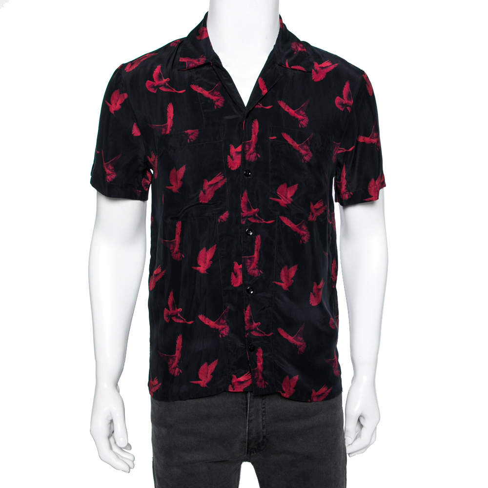 Pre Owned Amiri Black Dove Printed Satin Short Sleeve Shirt S