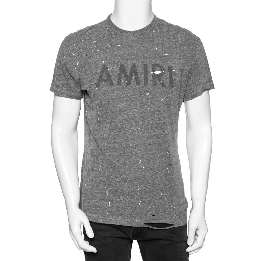 Amiri Grey Distressed Logo Print Jersey T-shirt XS Amiri