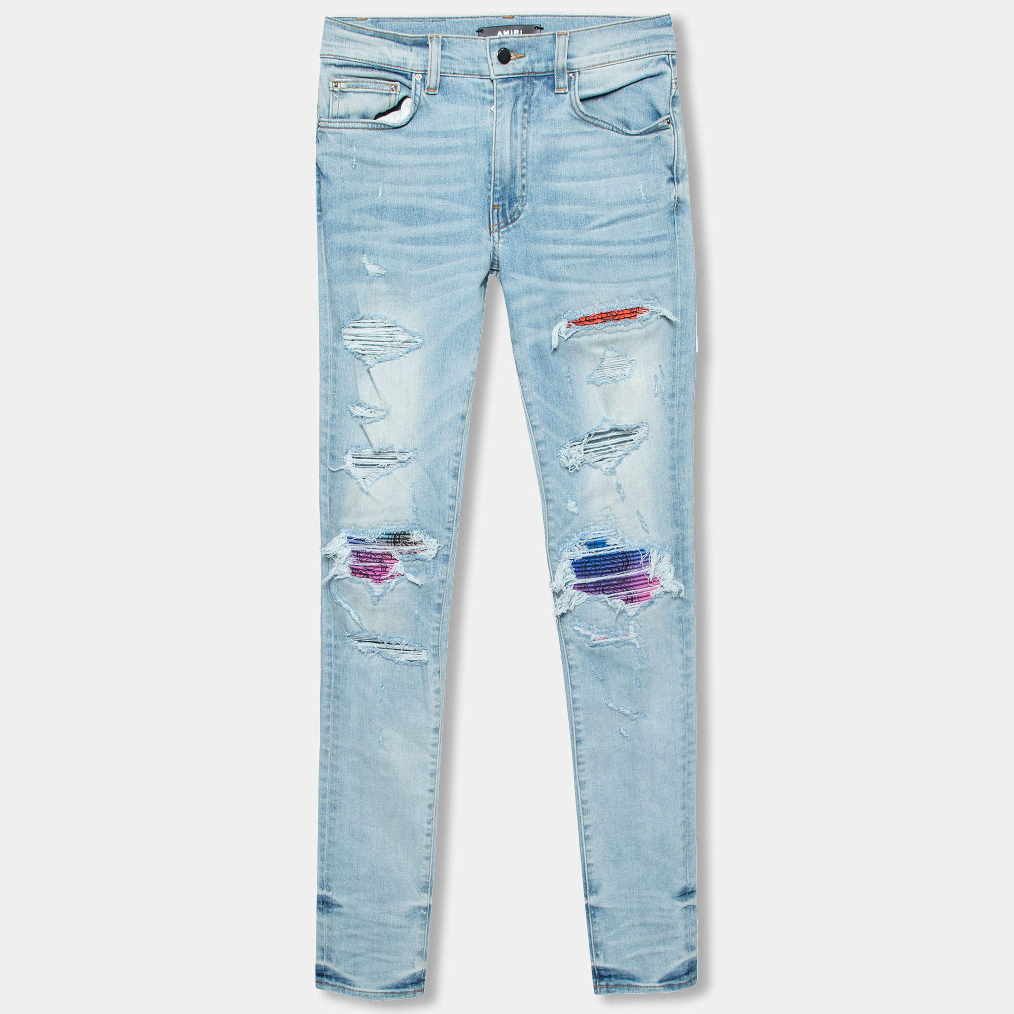 Pre Owned Amiri Indigo Light Wash Denim Art Patch Distressed Jeans XS