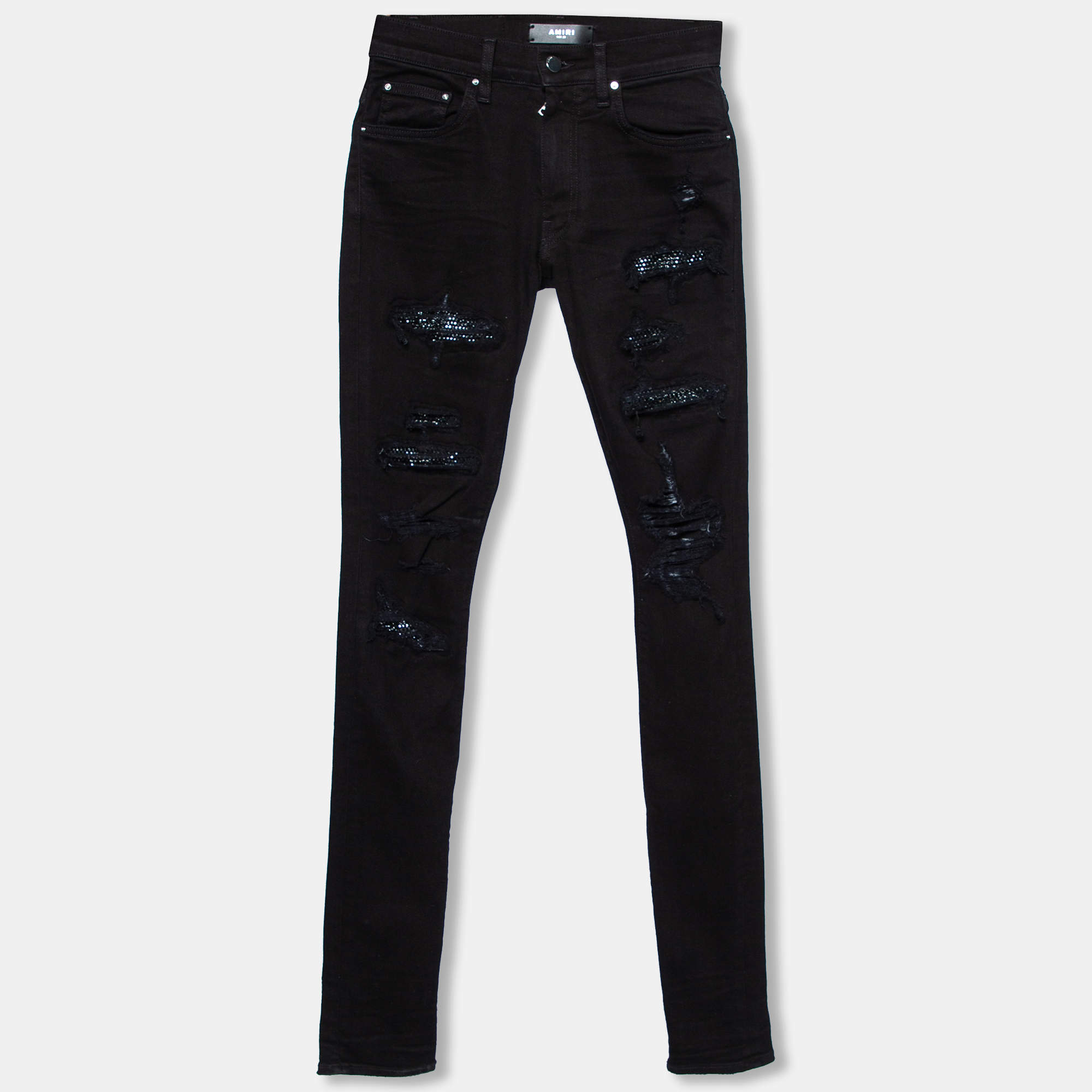 Pre Owned Amiri Black Distressed Denim Crystal Destroy Skinny Jeans XS
