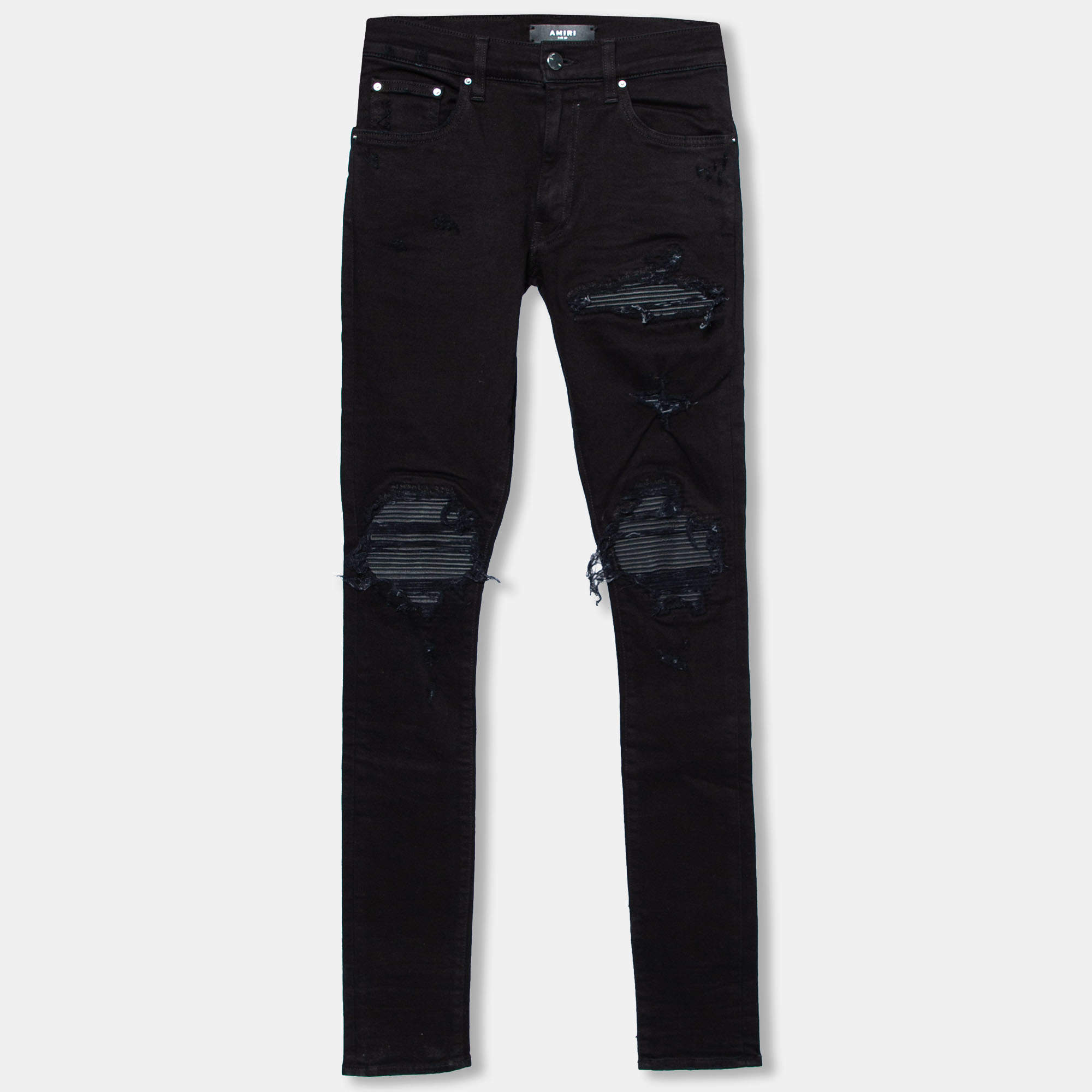 Pre Owned Amiri Black Distressed Denim Leather Patch Skinny Jeans XS