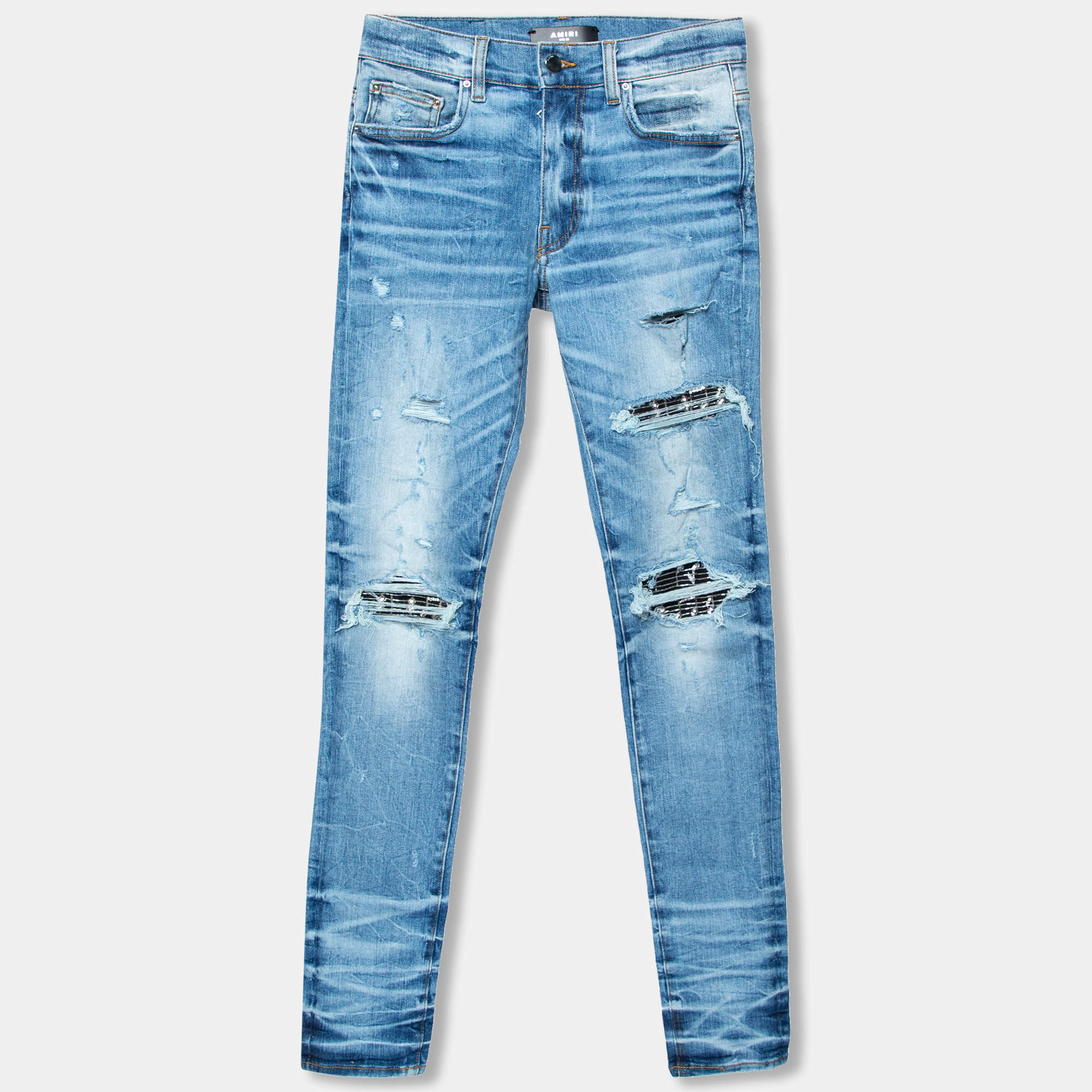 Pre Owned Amiri Blue Distressed Denim Bead Embellished Detailed Skinny Jeans XS