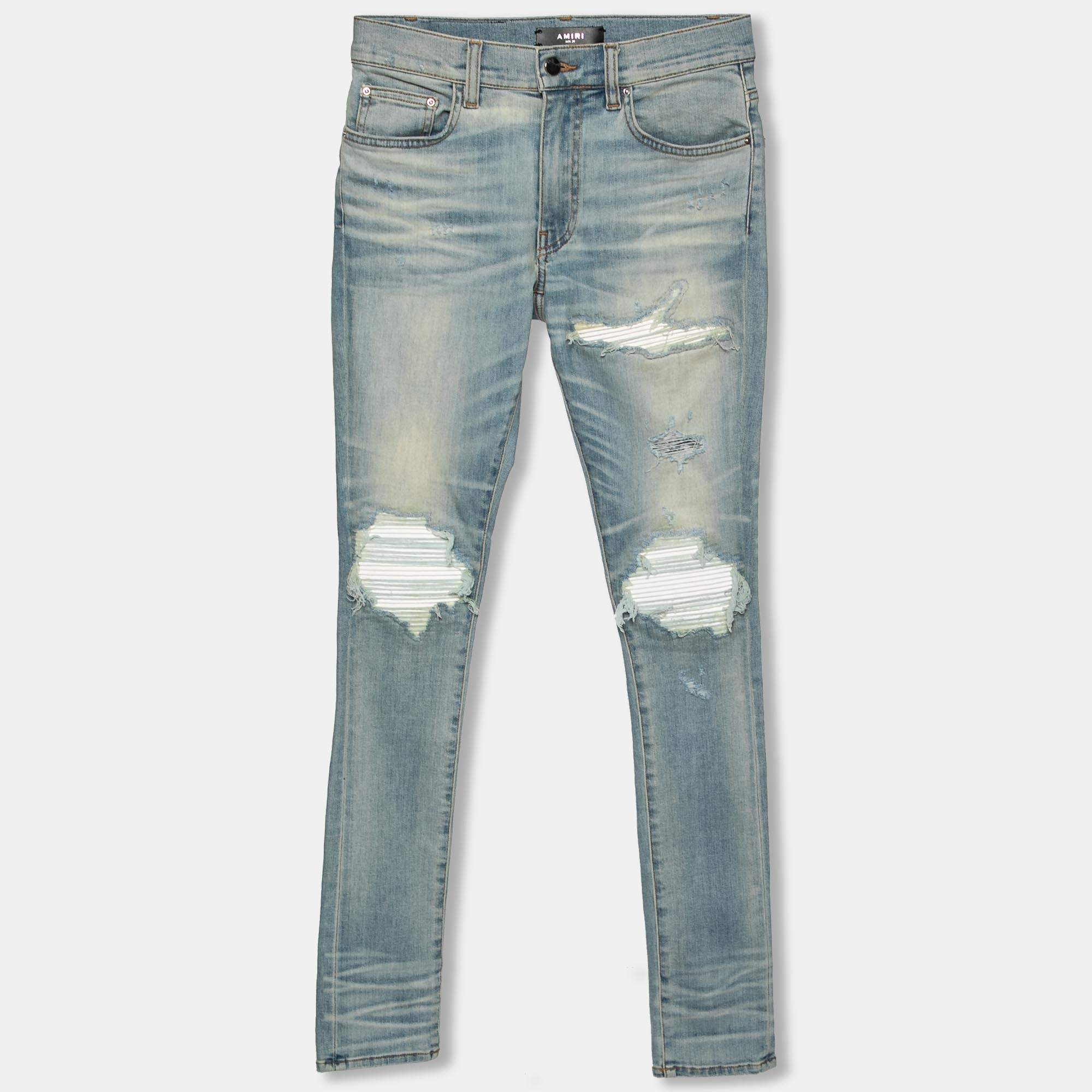 Amiri Blue Distressed Denim & Leather Inset Skinny Jeans XS