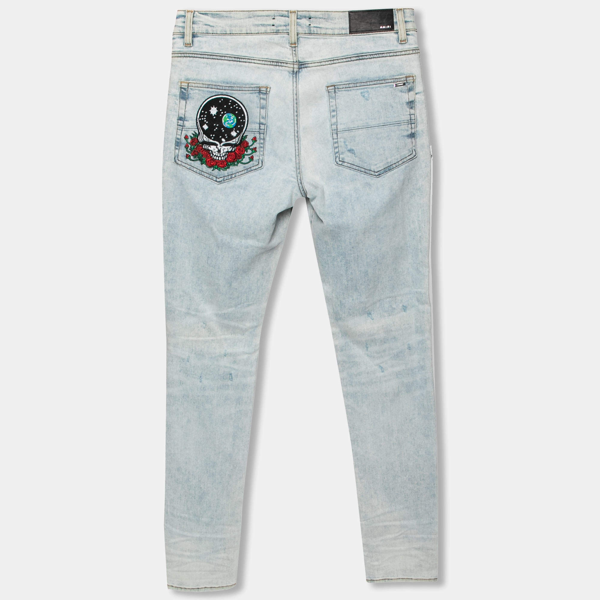 Amiri Blue Distressed Patchwork Denim Dancing Bear Embroidered