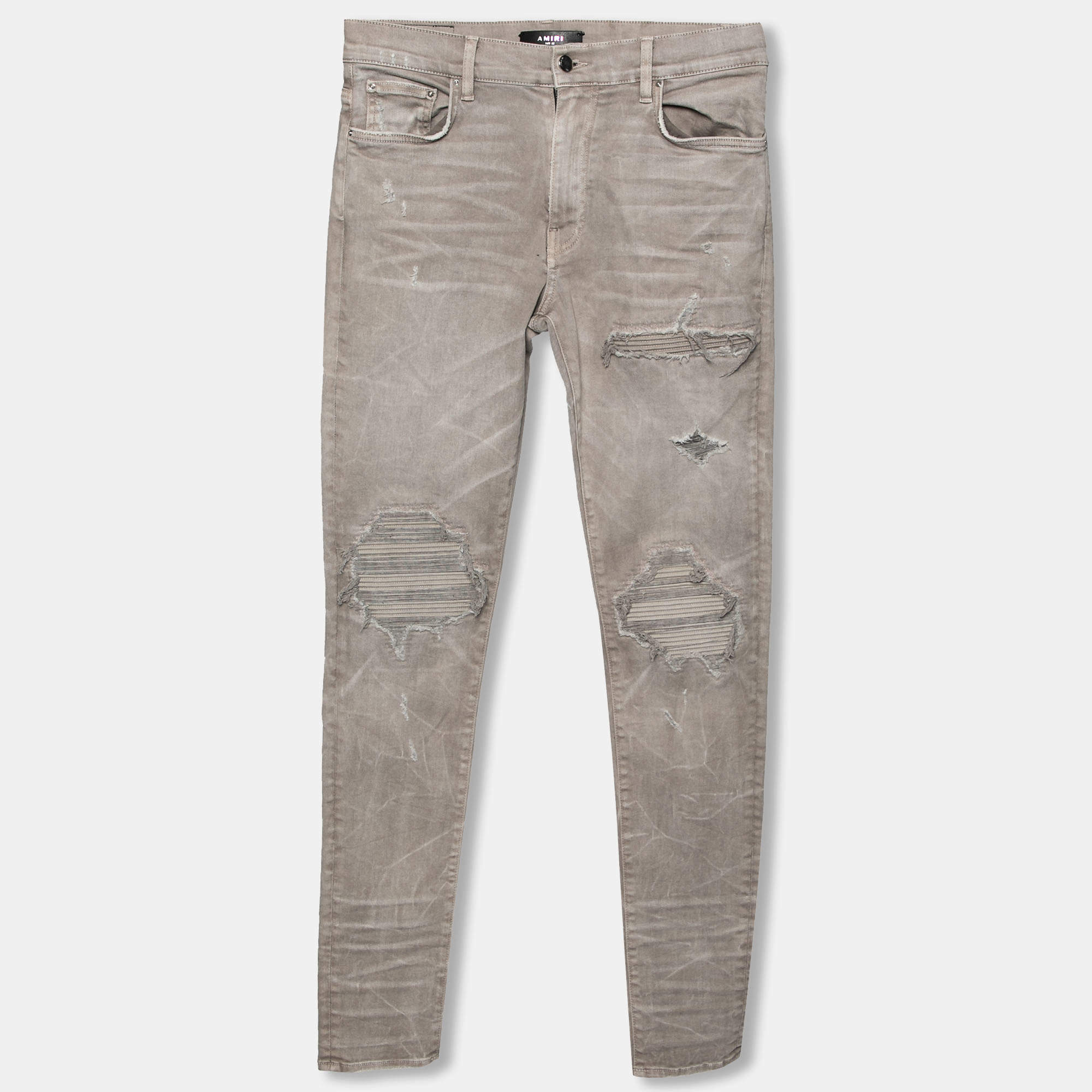 Pre Owned Amiri Grey Distressed Denim Ribbed Inset Detailed Slim Fit Jeans M