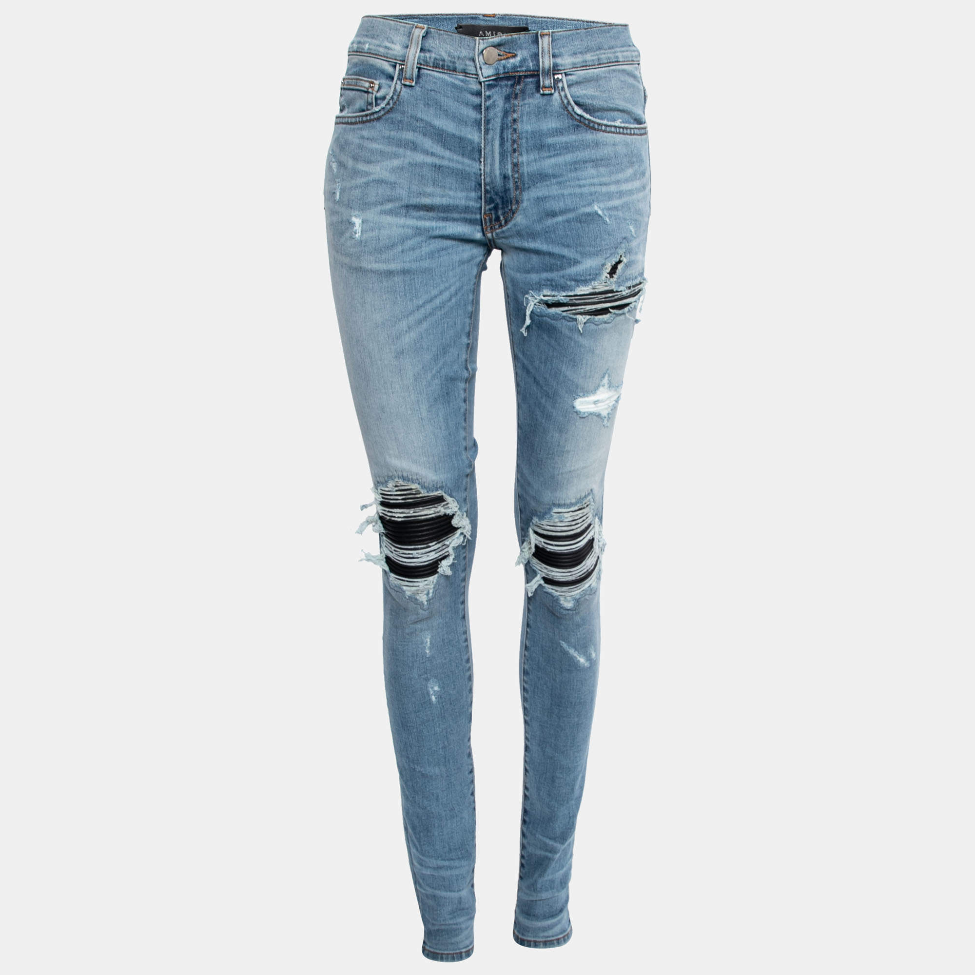 Pre Owned Amiri Blue Distressed Denim Ribbed Leather Inset Slim Fit Jeans XS