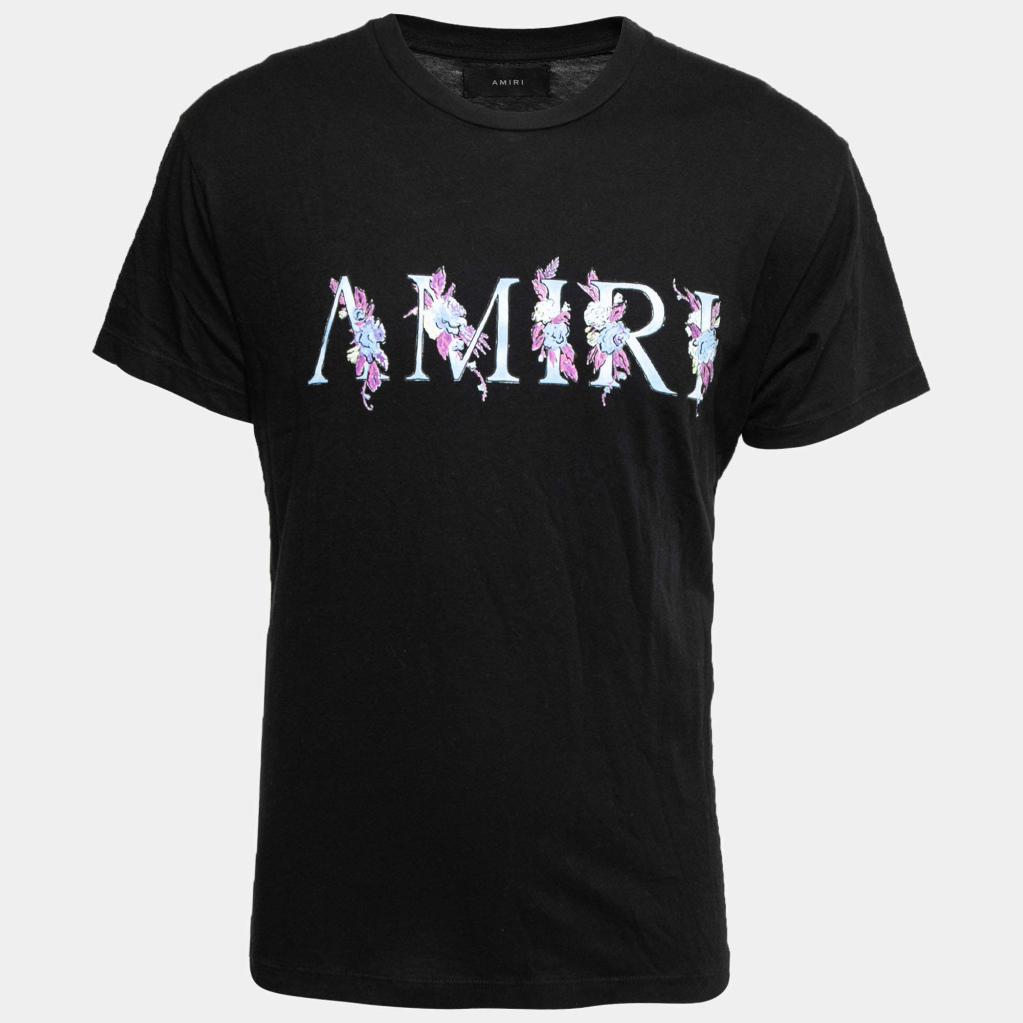 Amiri Black Floral Logo Printed Cotton Crew Neck T-Shirt XS