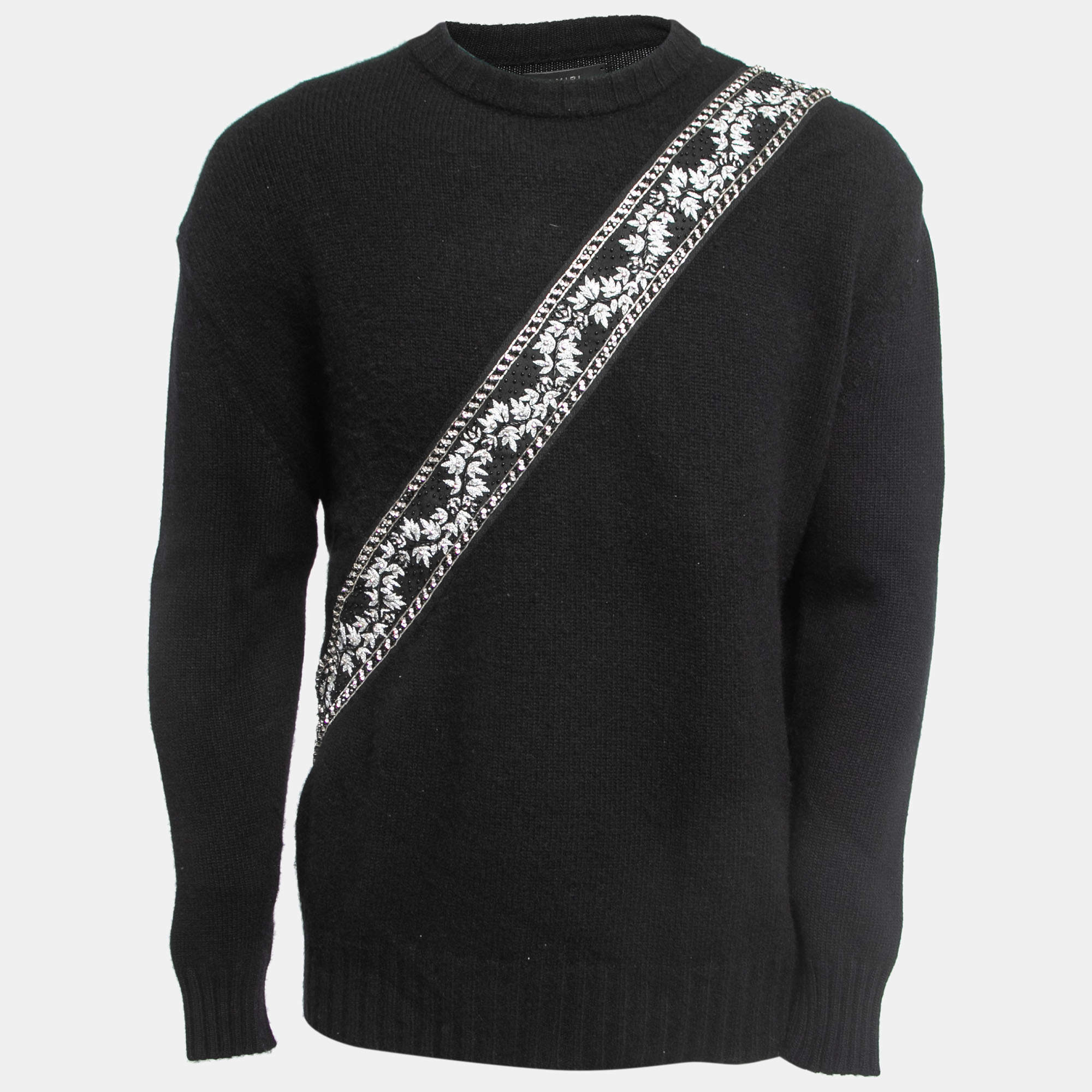 Amiri Black Wool & Cashmere Crystals Embellished Crew Neck Sweater M