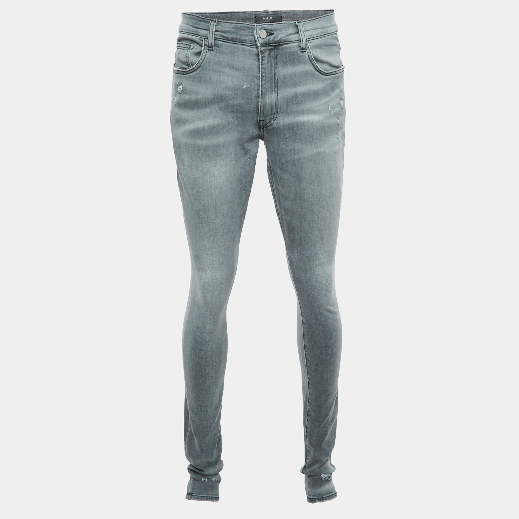 Pre Owned Amiri Grey Distressed Denim Skinny Jeans M Waist 33"