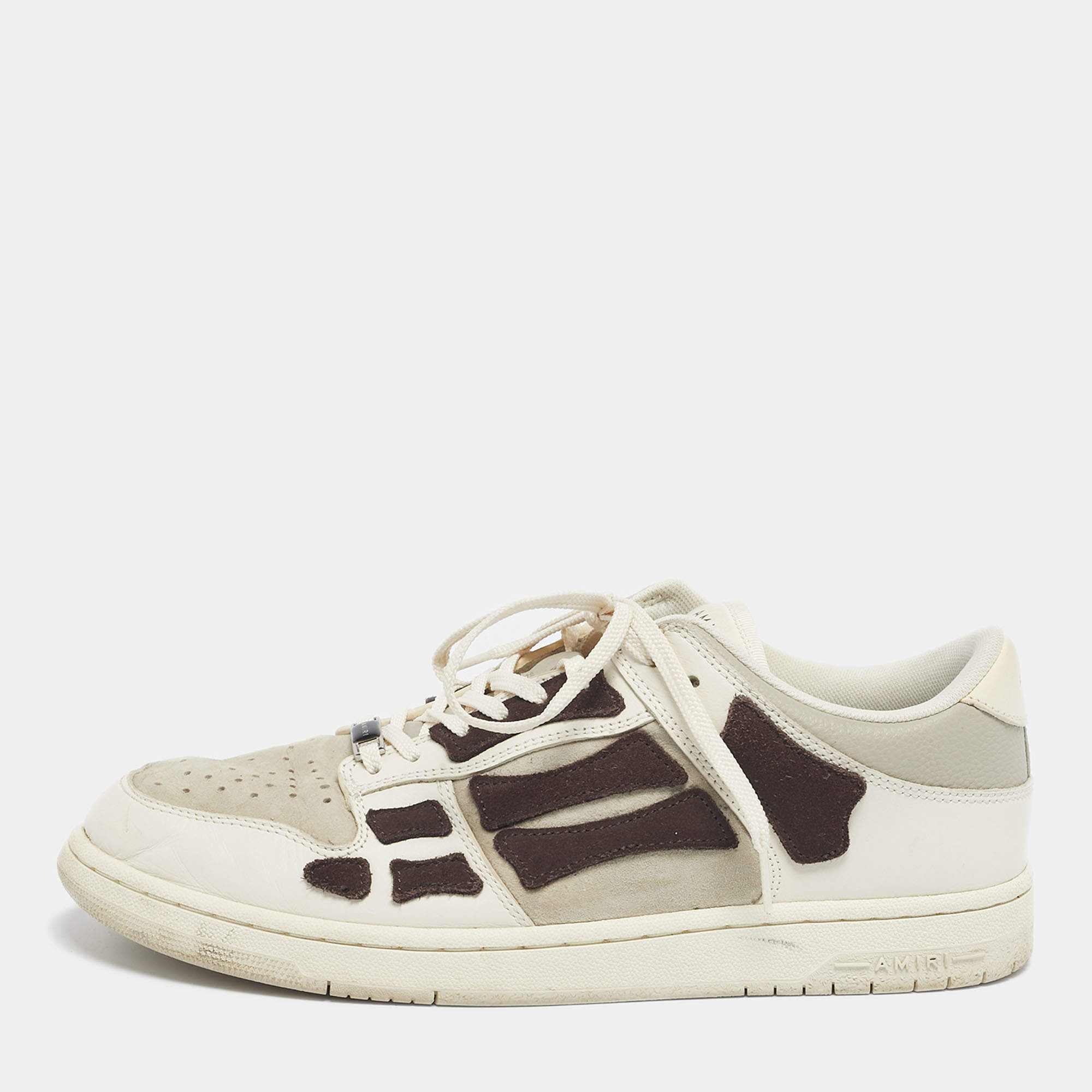 Pre Owned Amiri White/Brown Leather and Suede Skel Low Top Sneakers Size 45