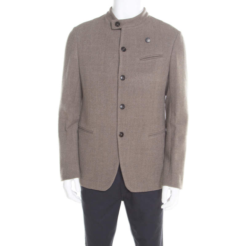 Pre Owned Armani Collezioni Brown and Grey Textured Wool Mandarin Collar Blazer XL