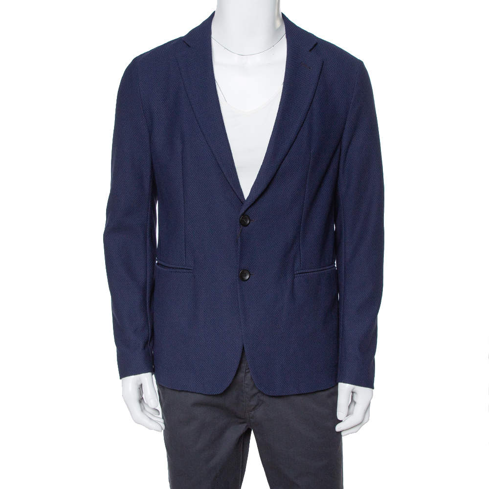 مملوكة مسبقًا Armani Collezioni Navy Blue Textured Waffle Jacquard Two Button Blazer XL