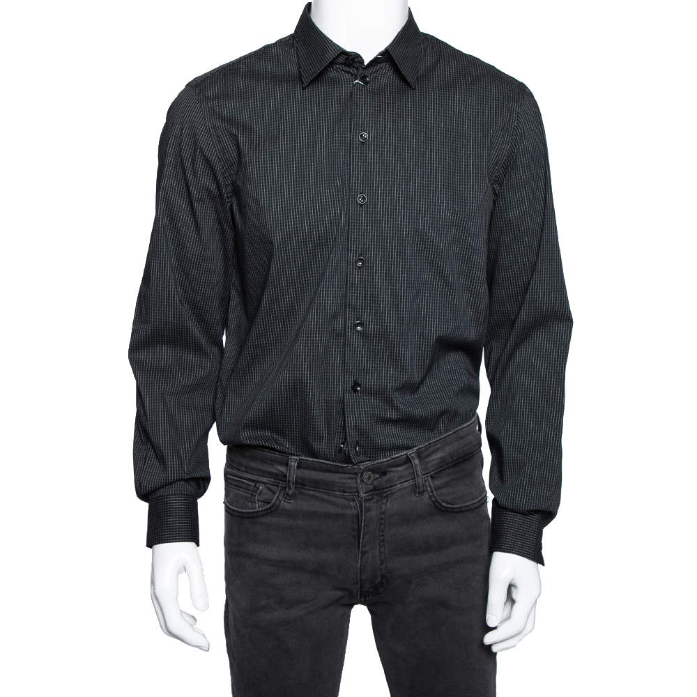 مملوكة مسبقًا Armani Collezioni Black Checkered Cotton Long Sleeve Shirt L