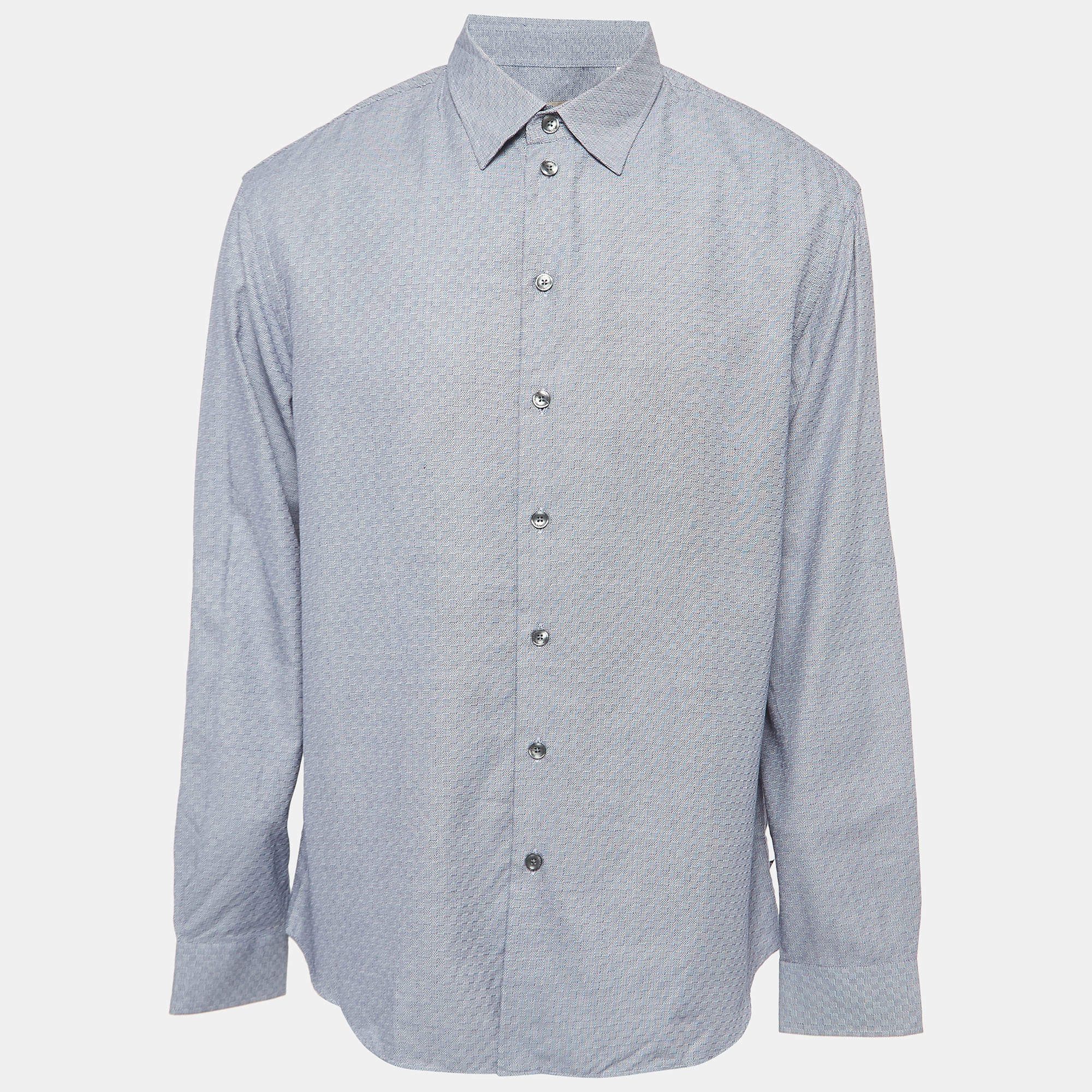 Pre Owned Armani Collezioni Blue Micro Checks Cotton Long Sleeve Shirt XL