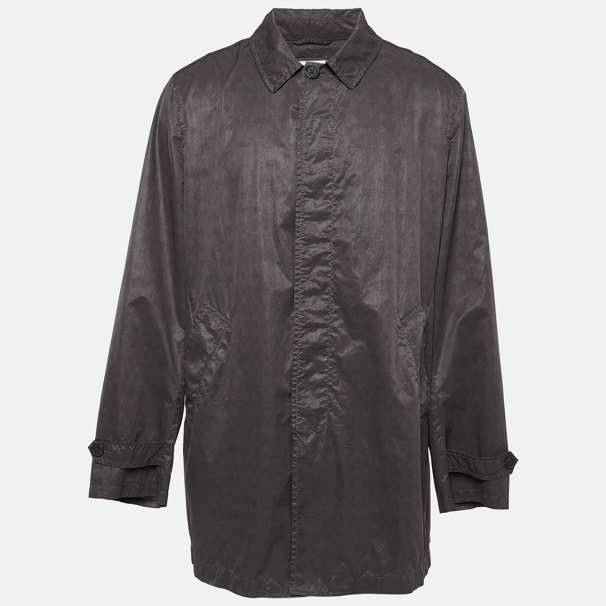 Armani Collezioni Grey Checkered Synthetic Long Overcoat XXXL 
