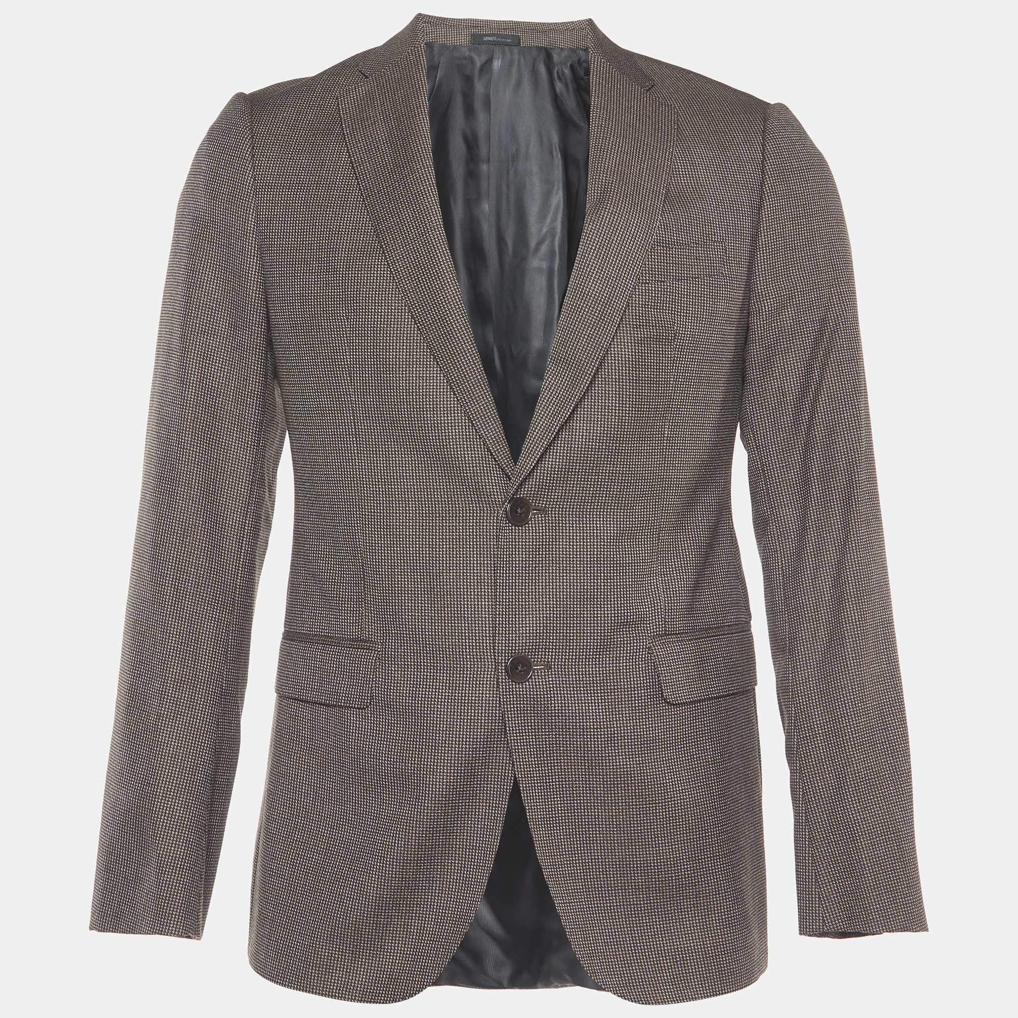 Pre Owned Armani Collezioni Brown Checkered Wool M-Line Blazer L