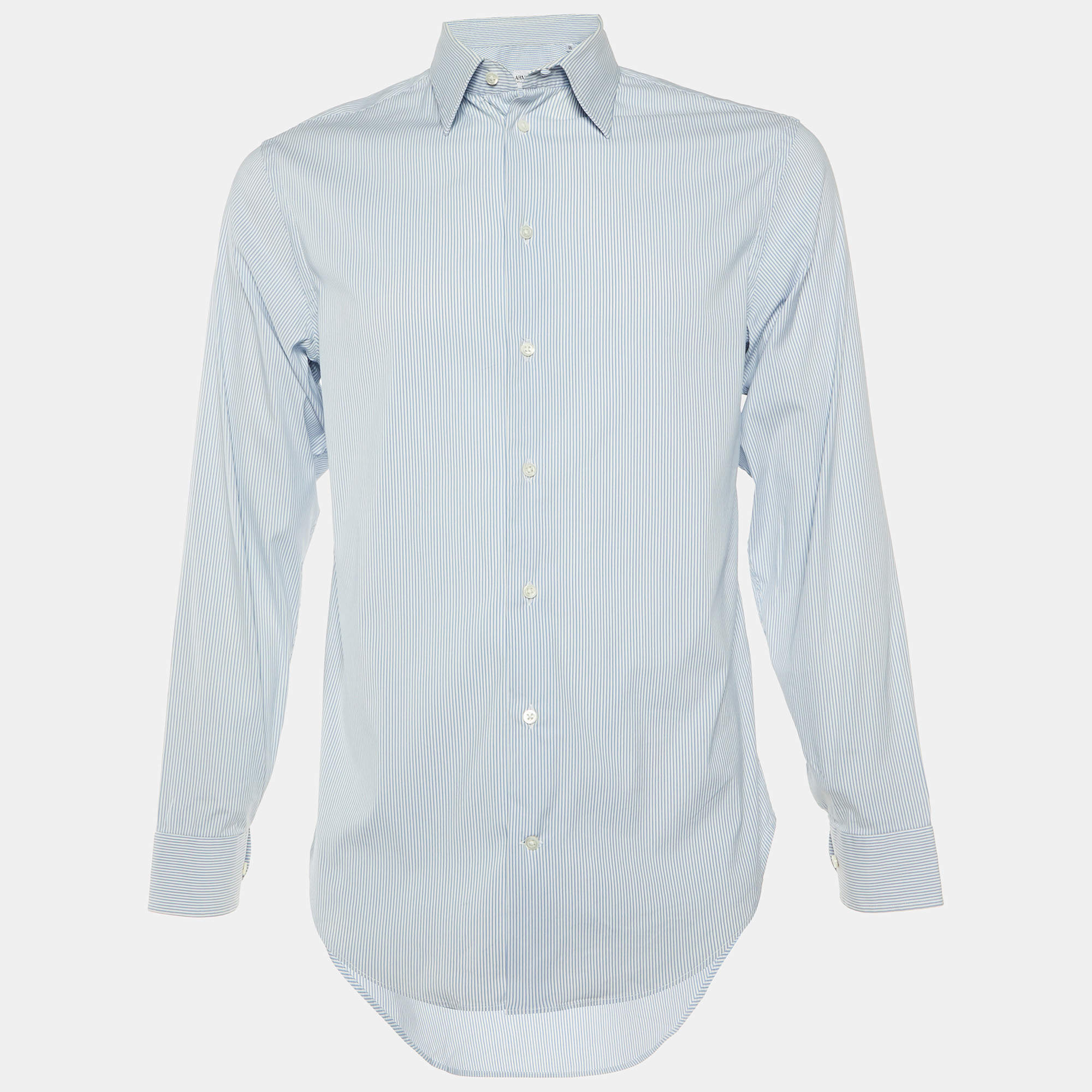 Armani Collezioni Blue/White Striped Stretch Cotton Long Sleeve Shirt M 
