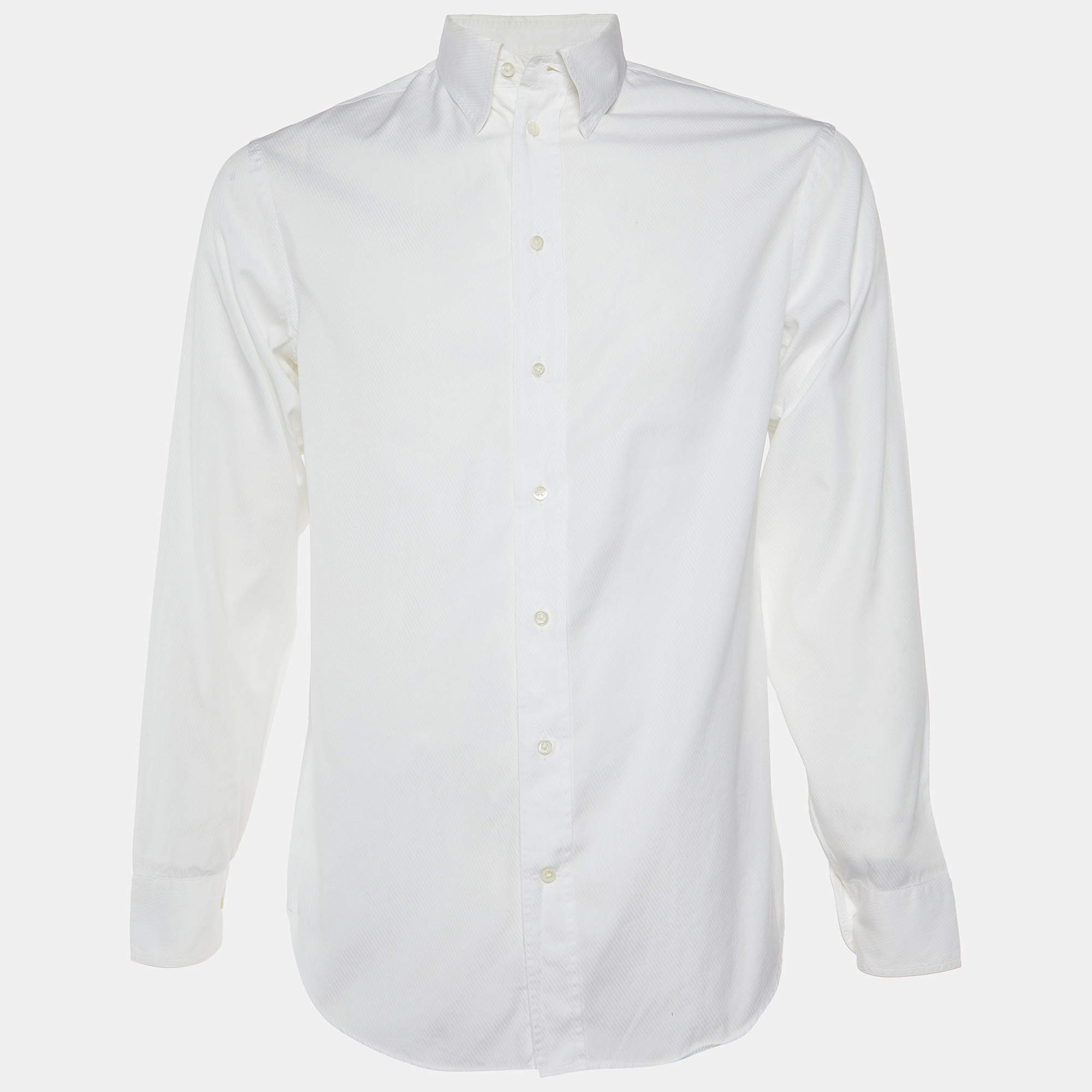 Armani Collezioni White Diagonal Striped Cotton Button Down Shirt M
