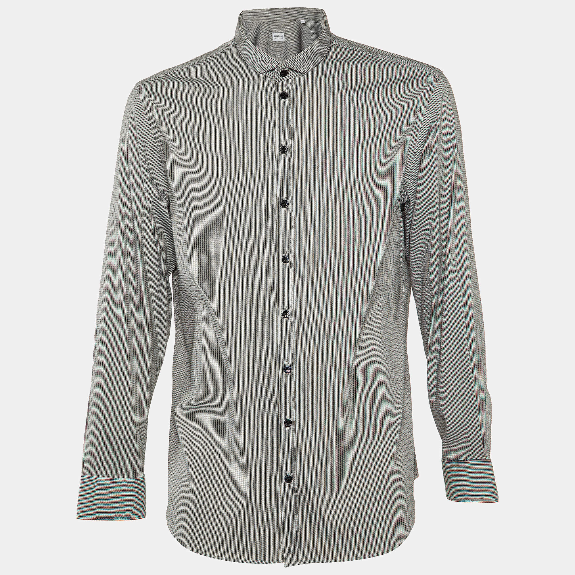 Armani Collezioni Black Striped Seer Sucker Cotton Long Sleeve Shirt XL
