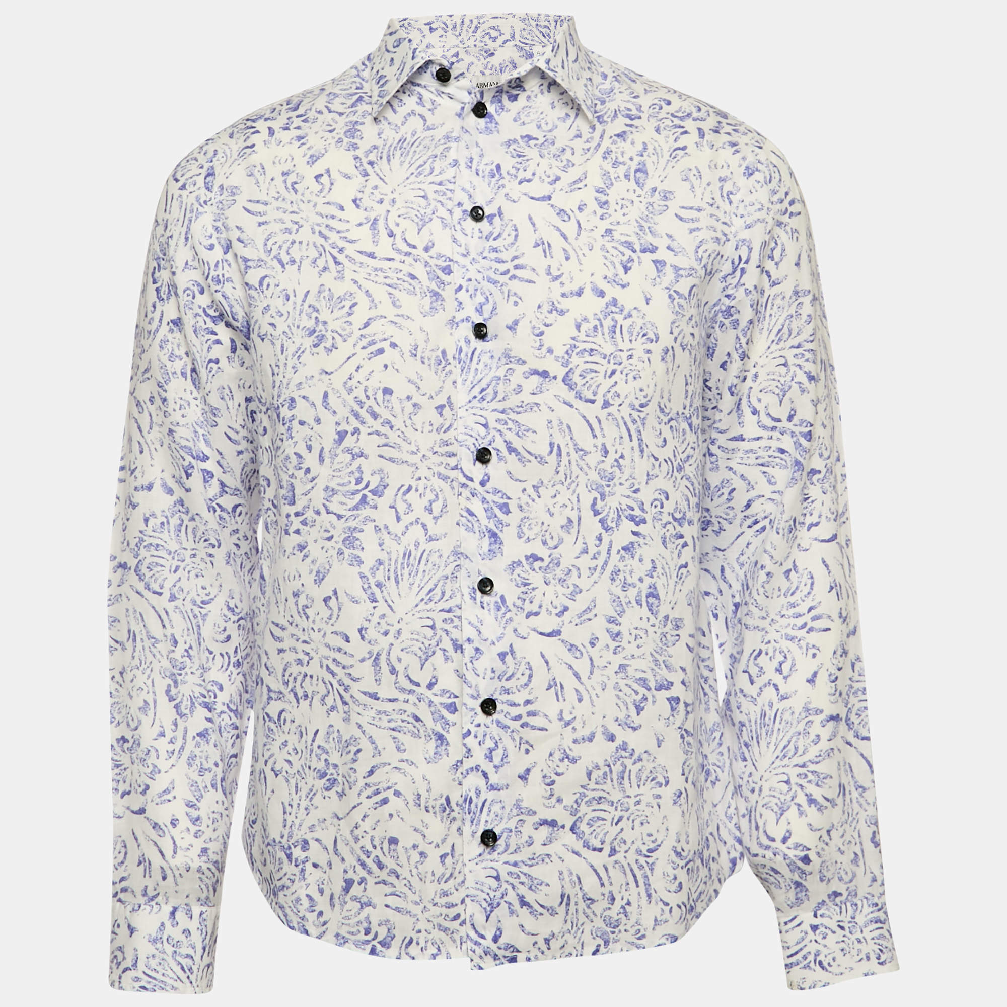 Armani Collezioni Blue/White Printed Cotton Long Sleeve Shirt M 