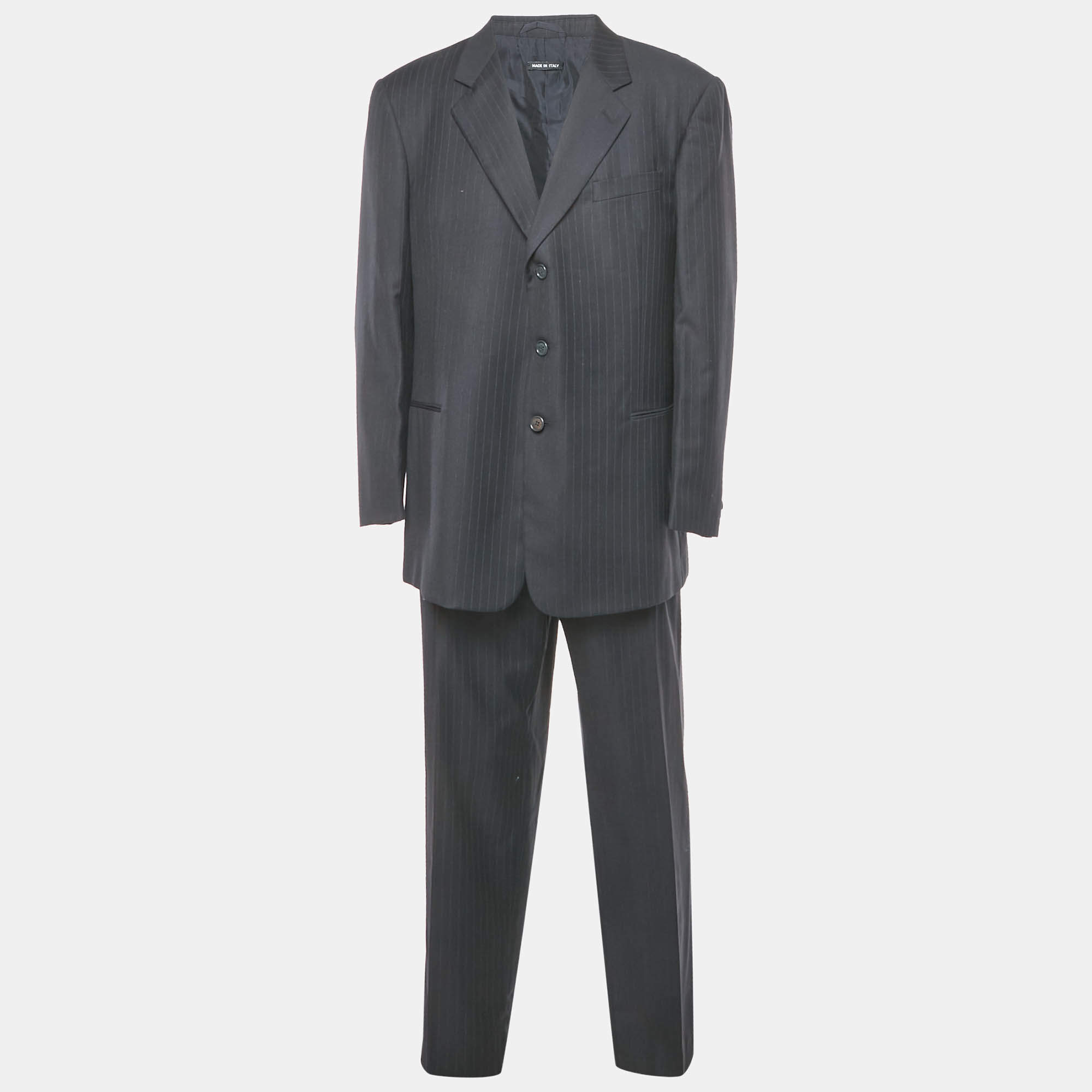 Pre Owned Armani Collezioni Midnight Blue Stripe Wool Borgo Pants Suit 4XL