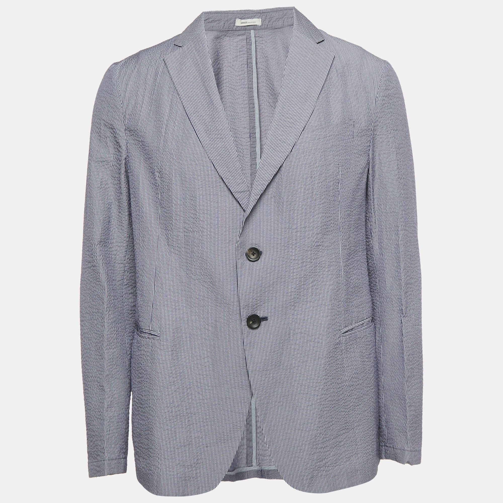 Pre Owned Armani Collezioni Blue Stripe Seersucker Cotton Blazer XL
