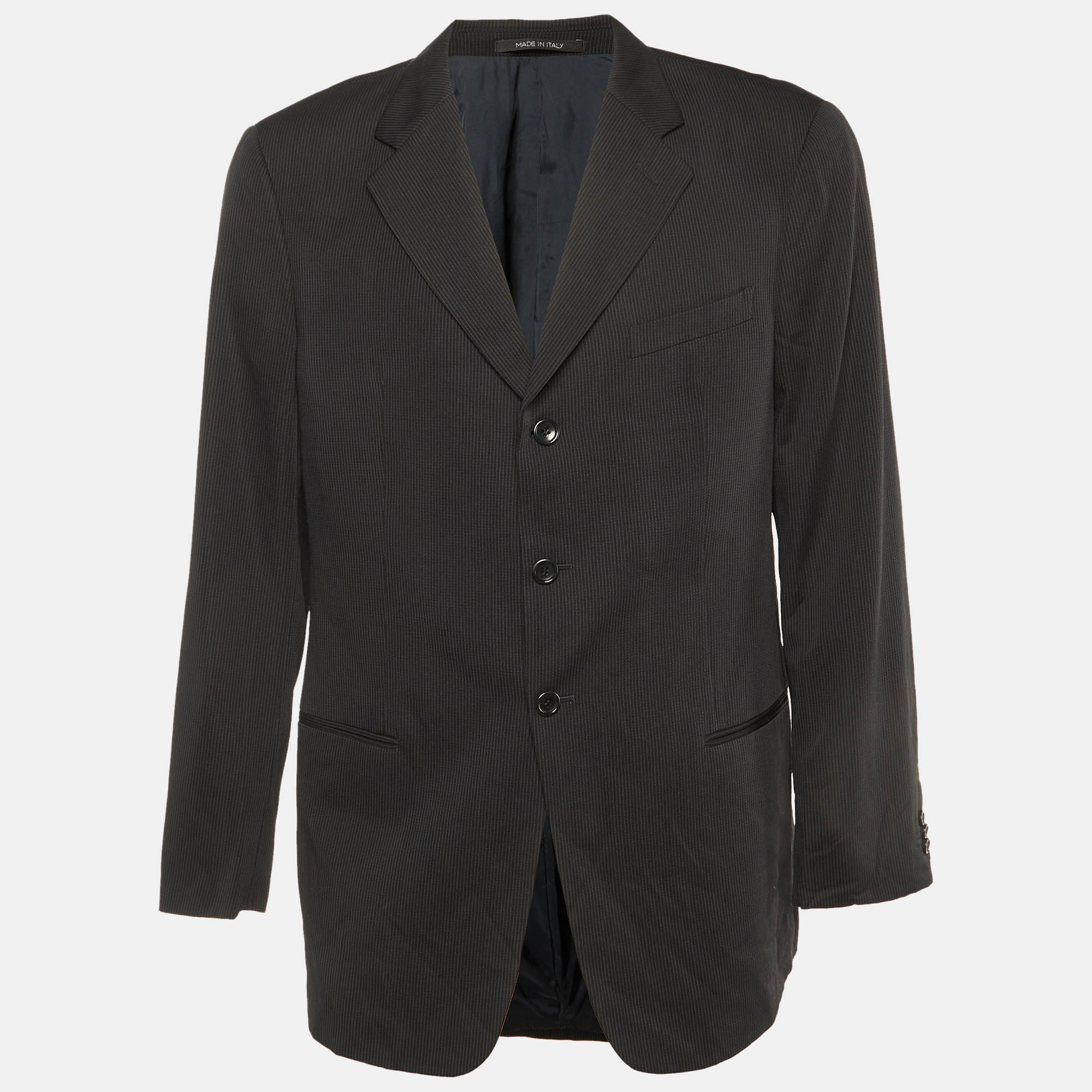 Pre Owned Armani Collezioni Black Pinstripe Wool Button Front Blazer XXL