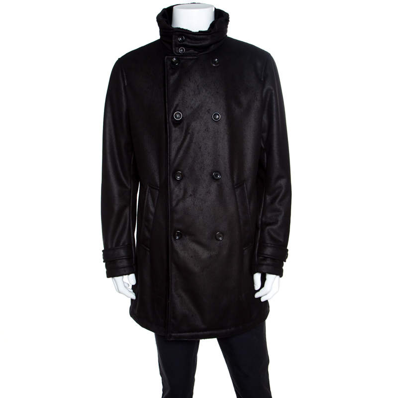 Pre Owned Armani Collezioni Black Faux Leather Shearling Lined Hooded Overcoat XXL