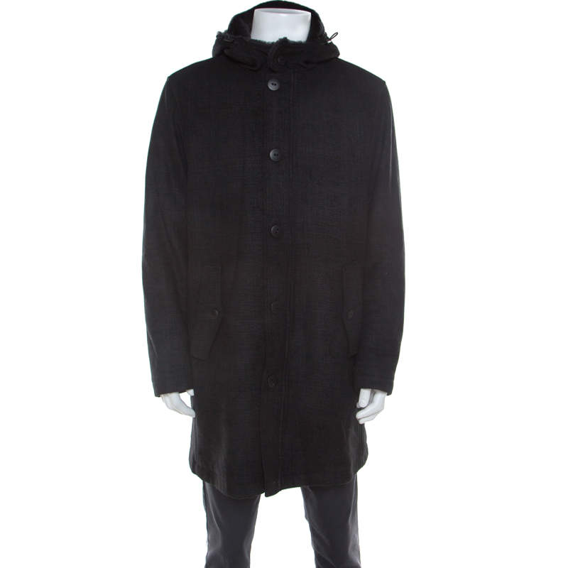 Armani Collezioni Dark Grey Wool and Fur Hooded Collar Detail Coat XXL