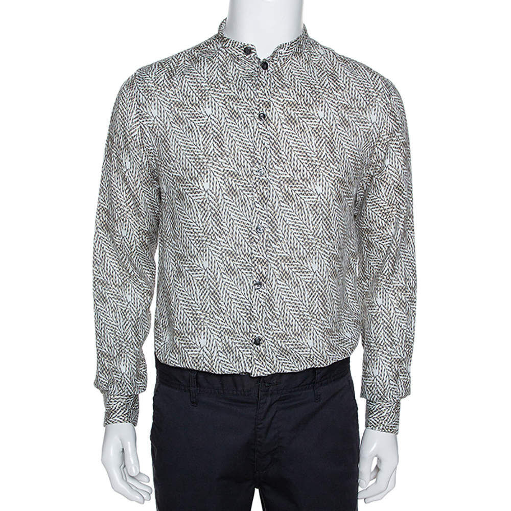 مملوكة مسبقًا قميص أرماني كوليزوني بأزرار أمامية كتان مطبوع أوبتيكال ليفز بيج مقاس وسط (ميديوم)