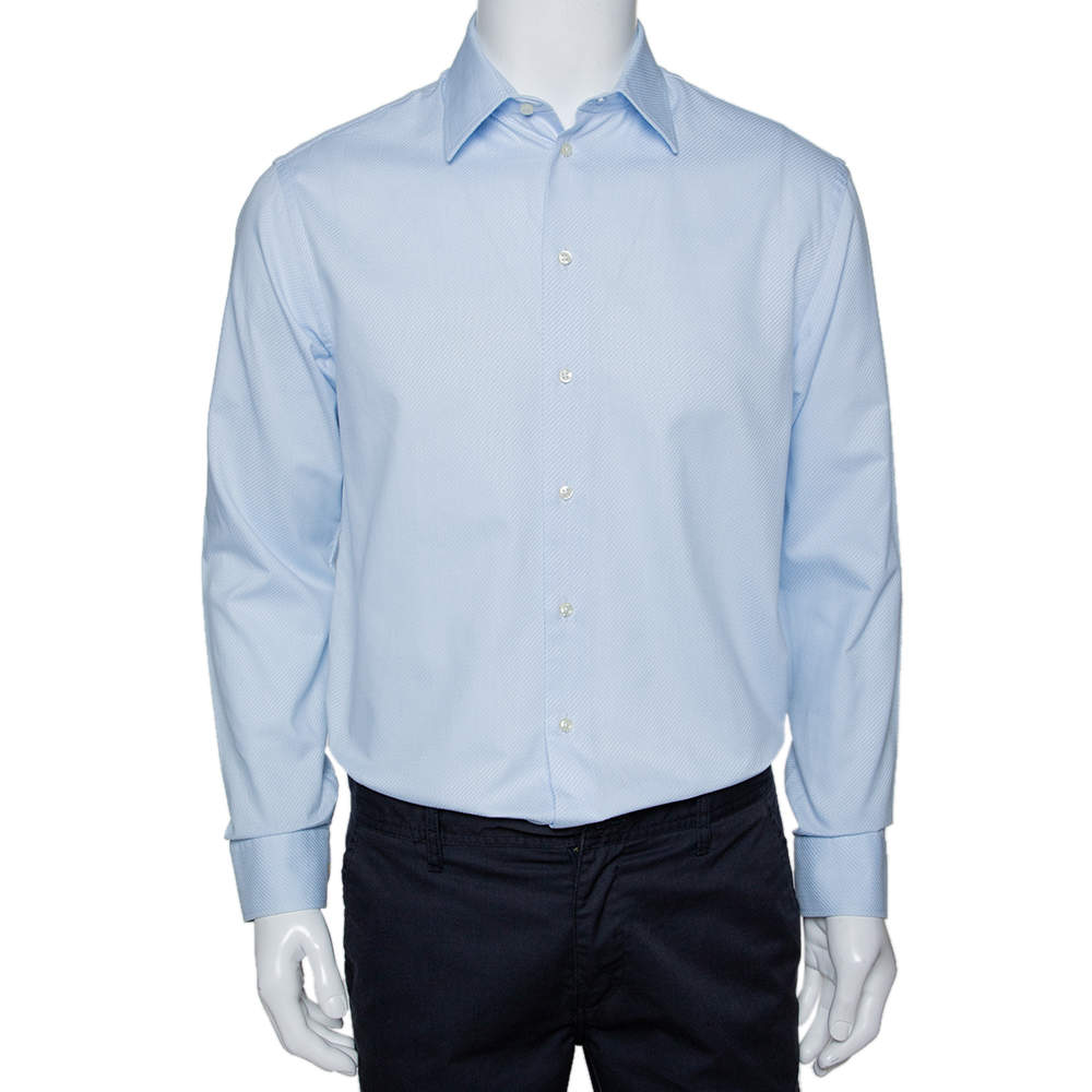 Pre Owned Armani Collezioni Light Blue Textured Cotton Long Sleeve Shirt L