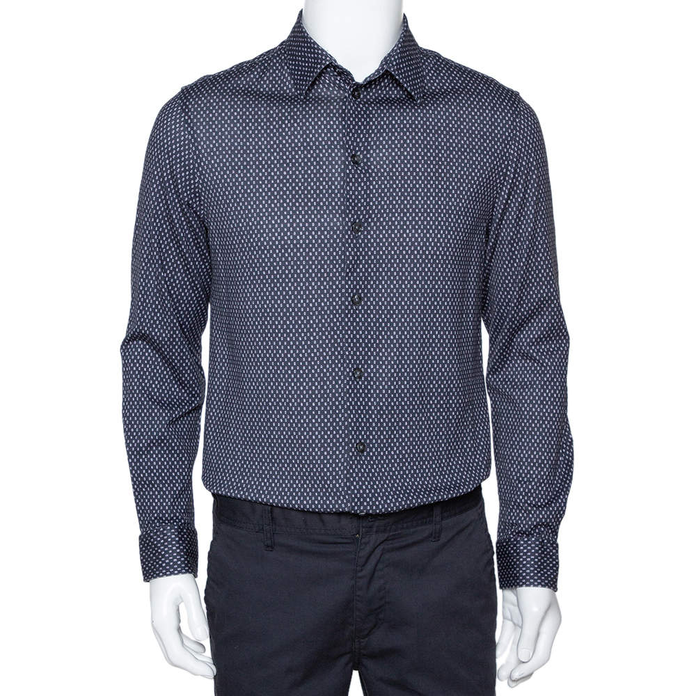 Pre Owned قميص أرماني كوليزوني بأكمام طويلة تريكو قطن مطبوع أزرق كحلي مقاس كبير (لارج)